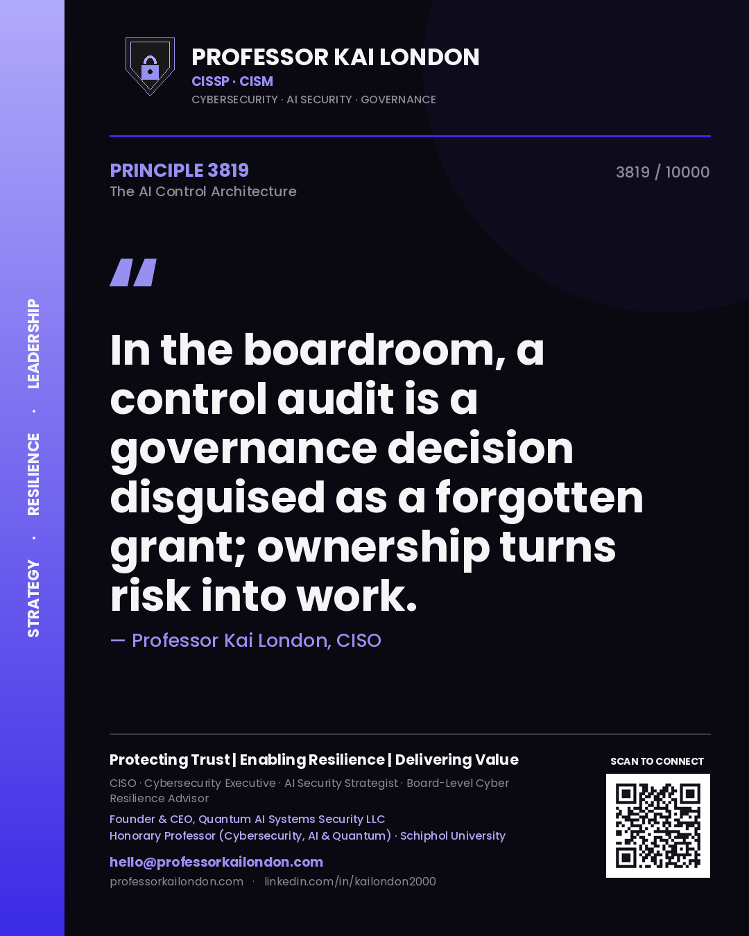 Quote card by Professor Kai London reading 'In the boardroom, a control audit is a governance decision disguised as a forgotten grant; ownership turns risk into work.'. From the book The AI Control Architecture.