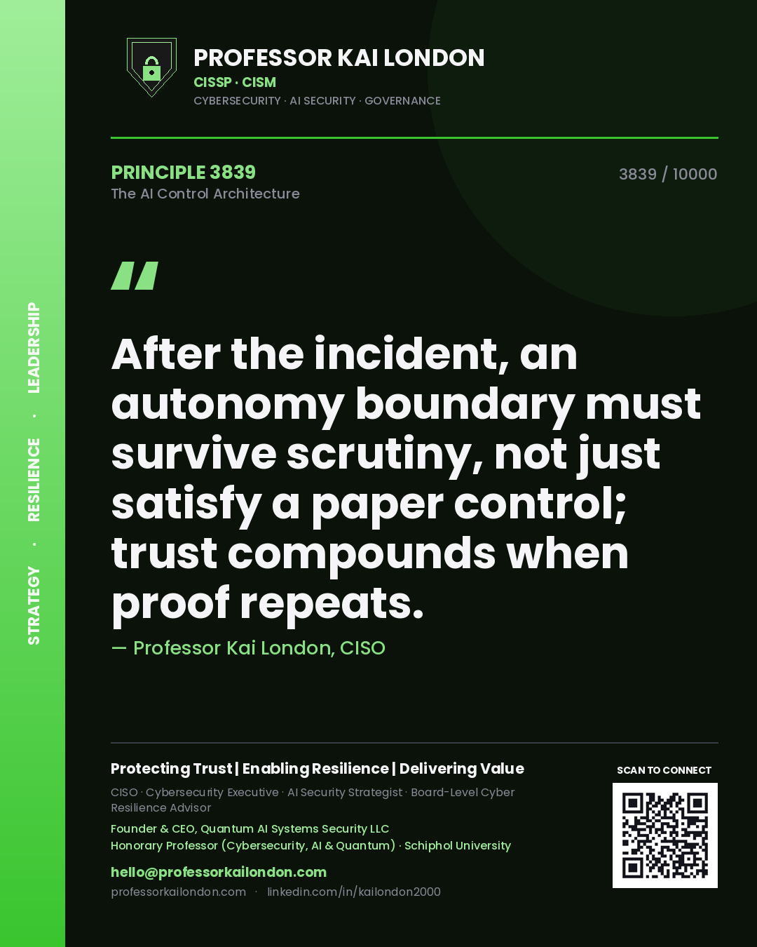 Quote card by Professor Kai London reading 'After the incident, an autonomy boundary must survive scrutiny, not just satisfy a paper control; trust compounds when proof repeats.'. From the book The AI Control Architecture.