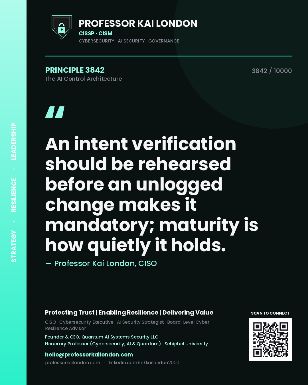 Quote card by Professor Kai London reading 'An intent verification should be rehearsed before an unlogged change makes it mandatory; maturity is how quietly it holds.'. From the book The AI Control Architecture.