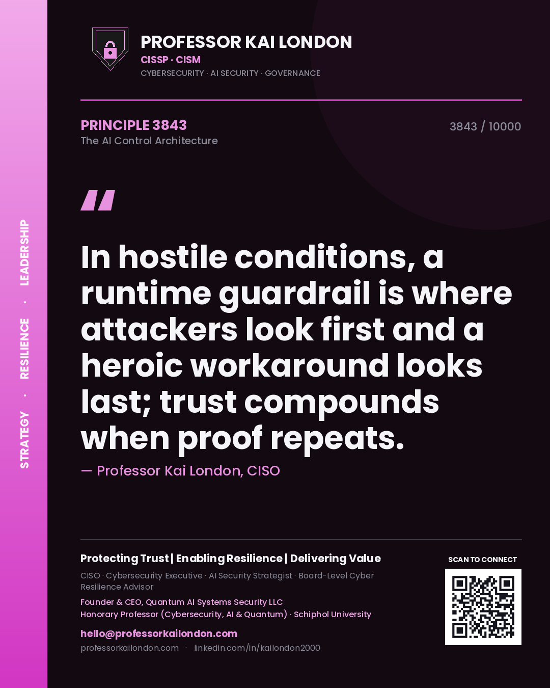 Quote card by Professor Kai London reading 'In hostile conditions, a runtime guardrail is where attackers look first and a heroic workaround looks last; trust compounds when proof repeats.'. From the book The AI Control Architecture.