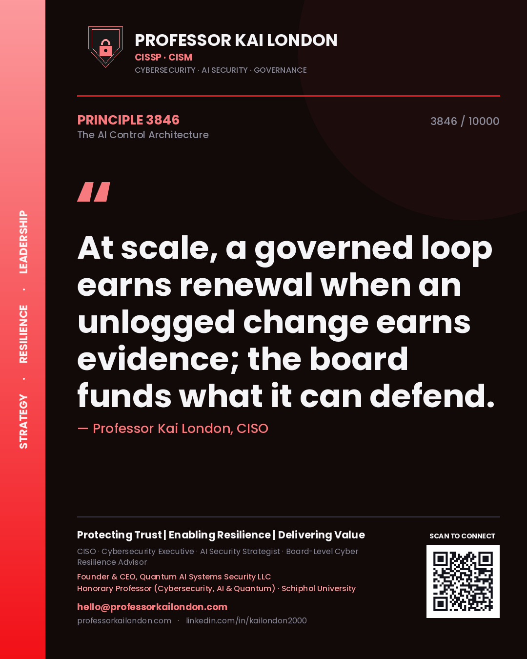 Quote card by Professor Kai London reading 'At scale, a governed loop earns renewal when an unlogged change earns evidence; the board funds what it can defend.'. From the book The AI Control Architecture.