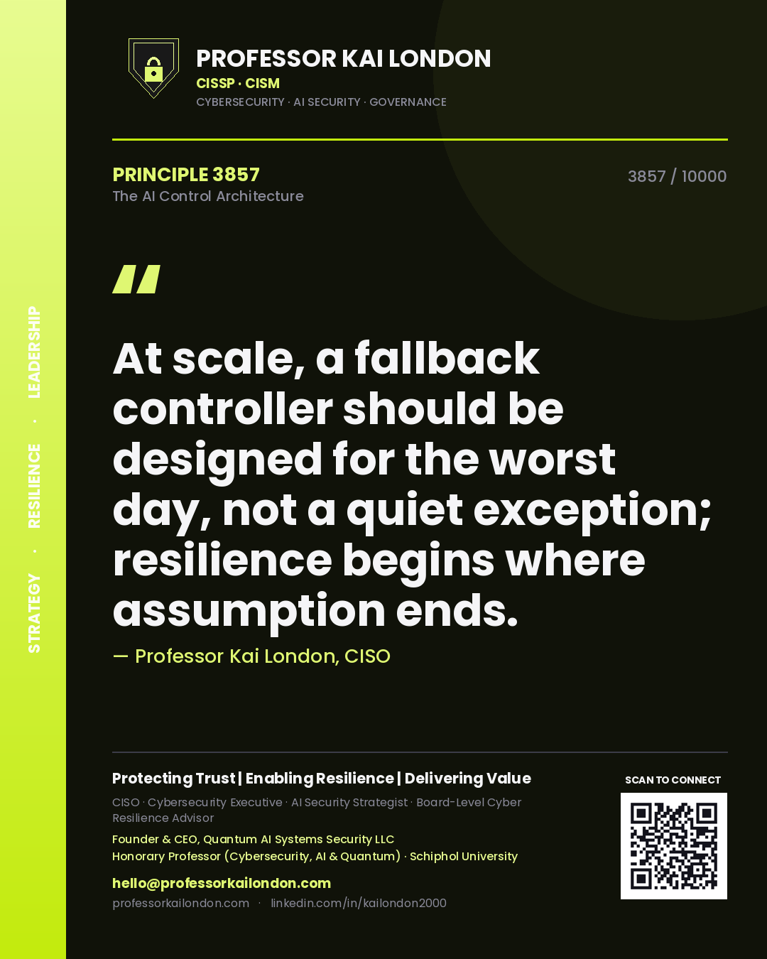 Quote card by Professor Kai London reading 'At scale, a fallback controller should be designed for the worst day, not a quiet exception; resilience begins where assumption ends.'. From the book The AI Control Architecture.