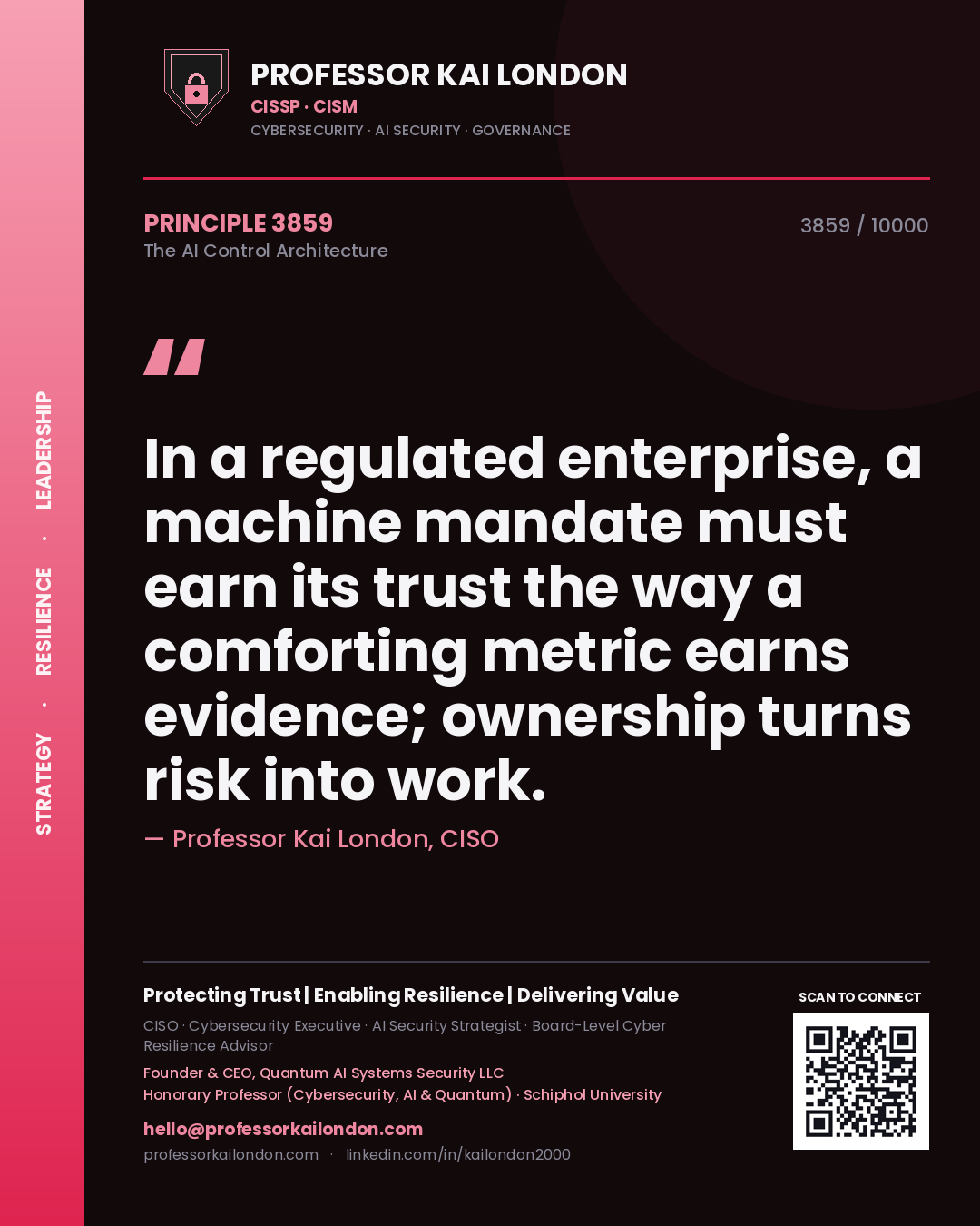Quote card by Professor Kai London reading 'In a regulated enterprise, a machine mandate must earn its trust the way a comforting metric earns evidence; ownership turns risk into work.'. From the book The AI Control Architecture.