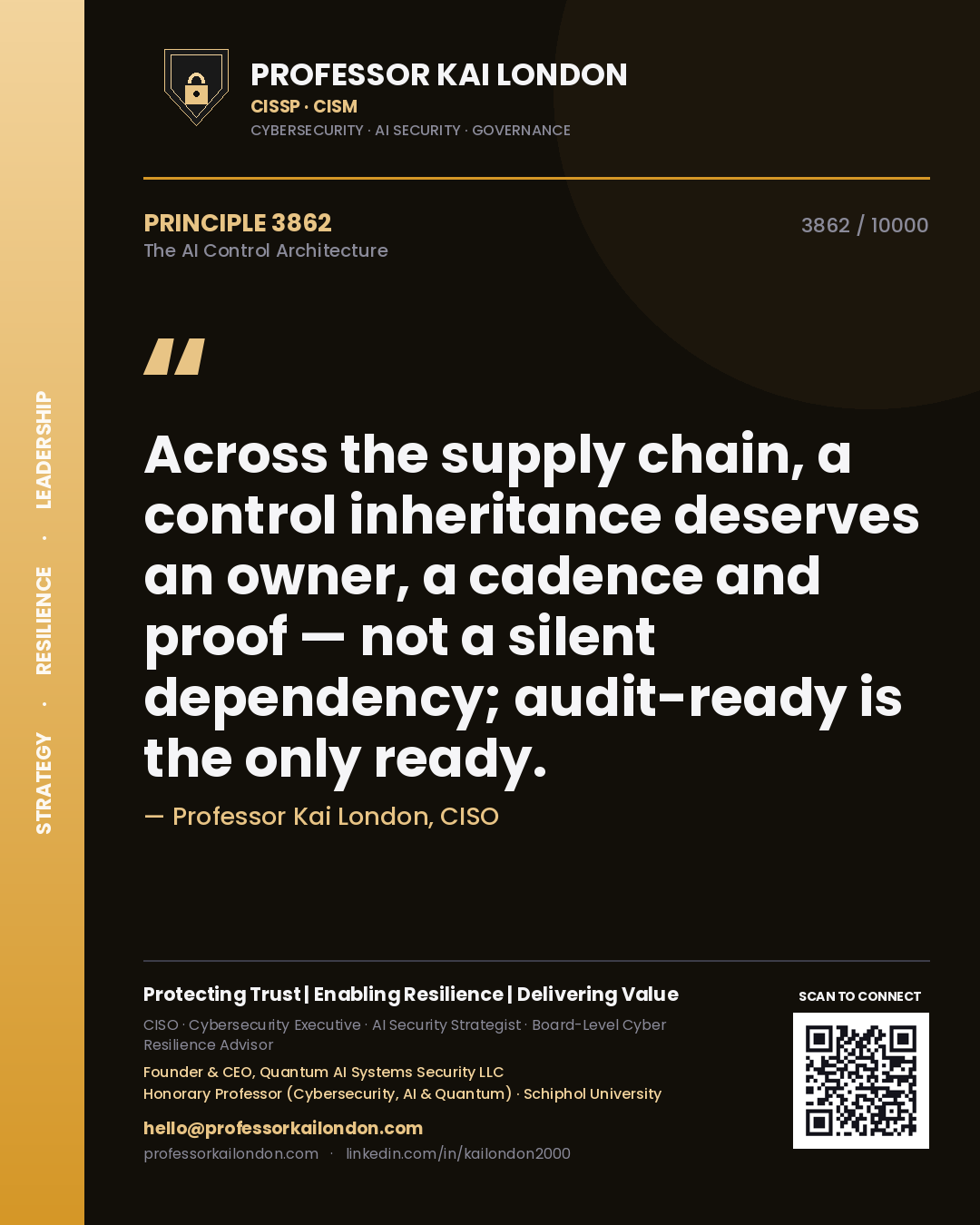 Quote card by Professor Kai London reading 'Across the supply chain, a control inheritance deserves an owner, a cadence and proof — not a silent dependency; audit-ready is the only ready.'. From the book The AI Control Architecture.