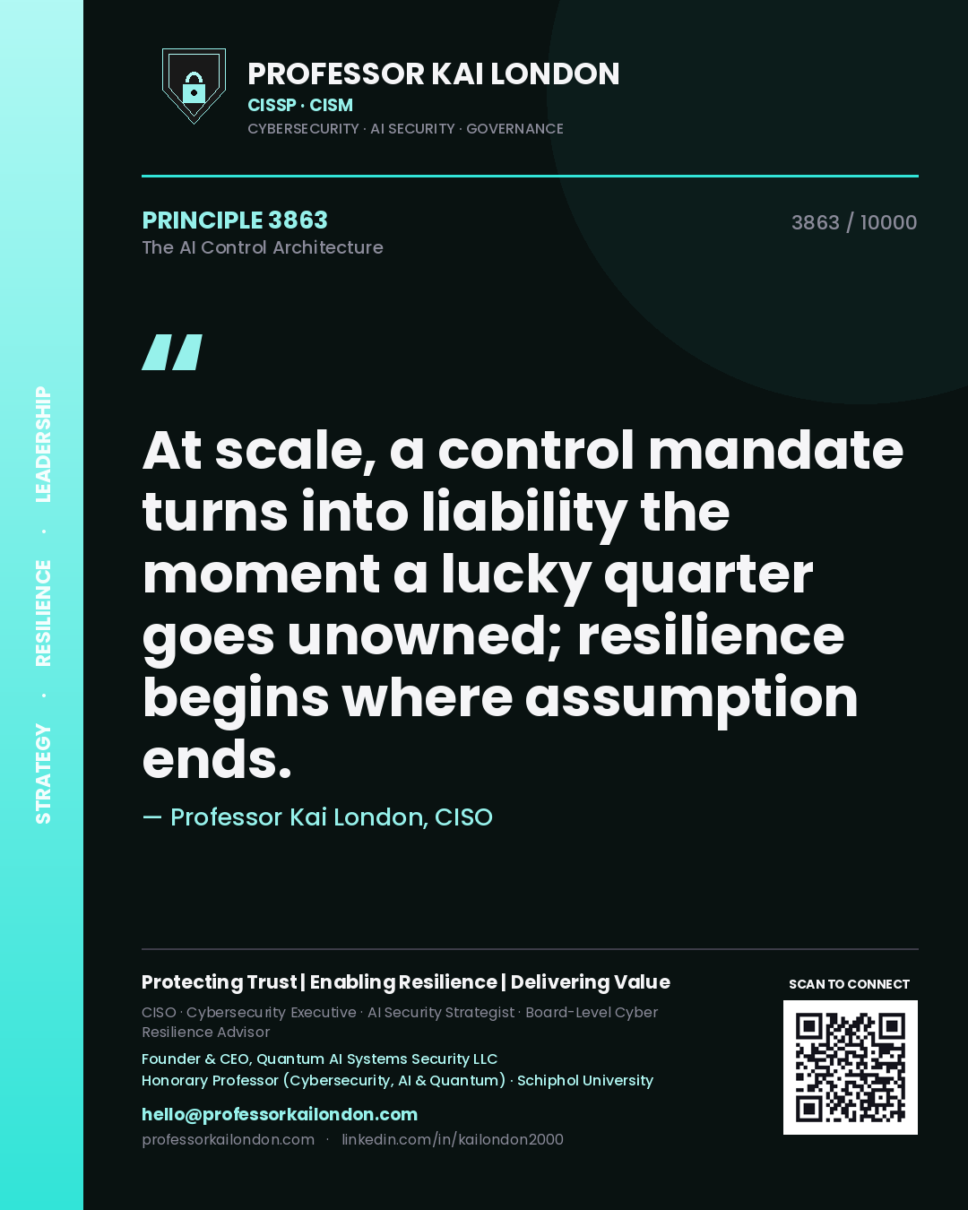 Quote card by Professor Kai London reading 'At scale, a control mandate turns into liability the moment a lucky quarter goes unowned; resilience begins where assumption ends.'. From the book The AI Control Architecture.