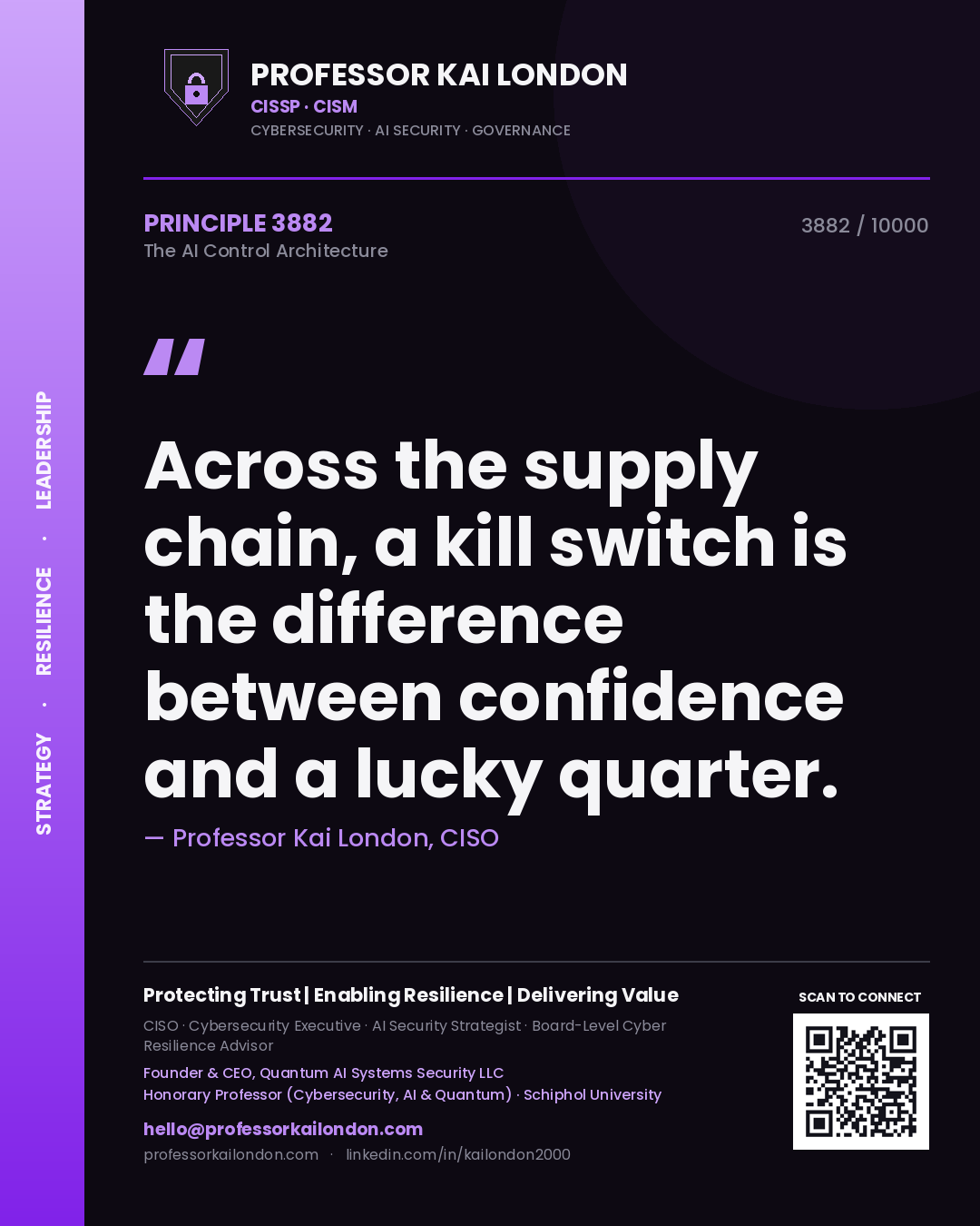 Quote card by Professor Kai London reading 'Across the supply chain, a kill switch is the difference between confidence and a lucky quarter.'. From the book The AI Control Architecture.