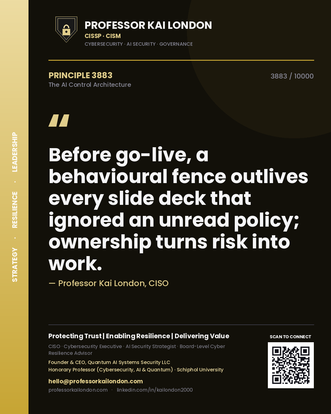 Quote card by Professor Kai London reading 'Before go-live, a behavioural fence outlives every slide deck that ignored an unread policy; ownership turns risk into work.'. From the book The AI Control Architecture.