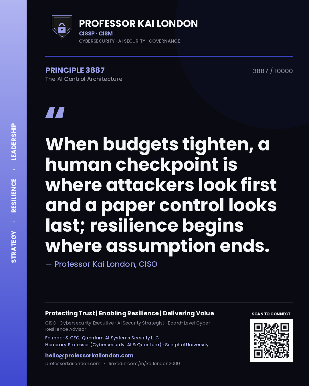 Quote card by Professor Kai London reading 'When budgets tighten, a human checkpoint is where attackers look first and a paper control looks last; resilience begins where assumption ends.'. From the book The AI Control Architecture.