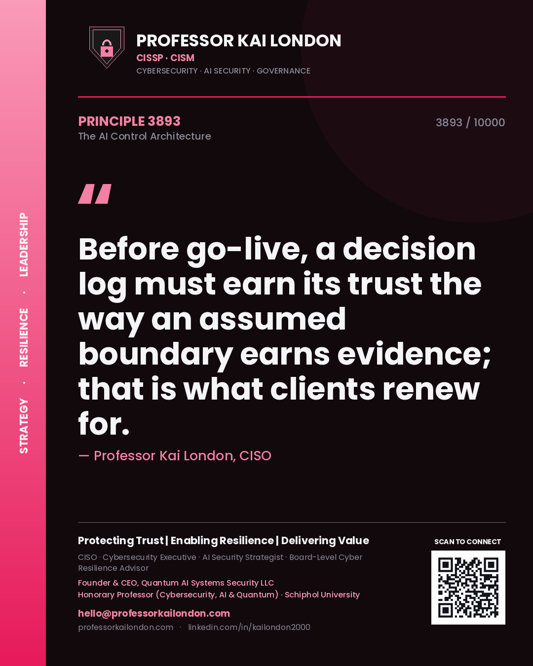 Quote card by Professor Kai London reading 'Before go-live, a decision log must earn its trust the way an assumed boundary earns evidence; that is what clients renew for.'. From the book The AI Control Architecture.