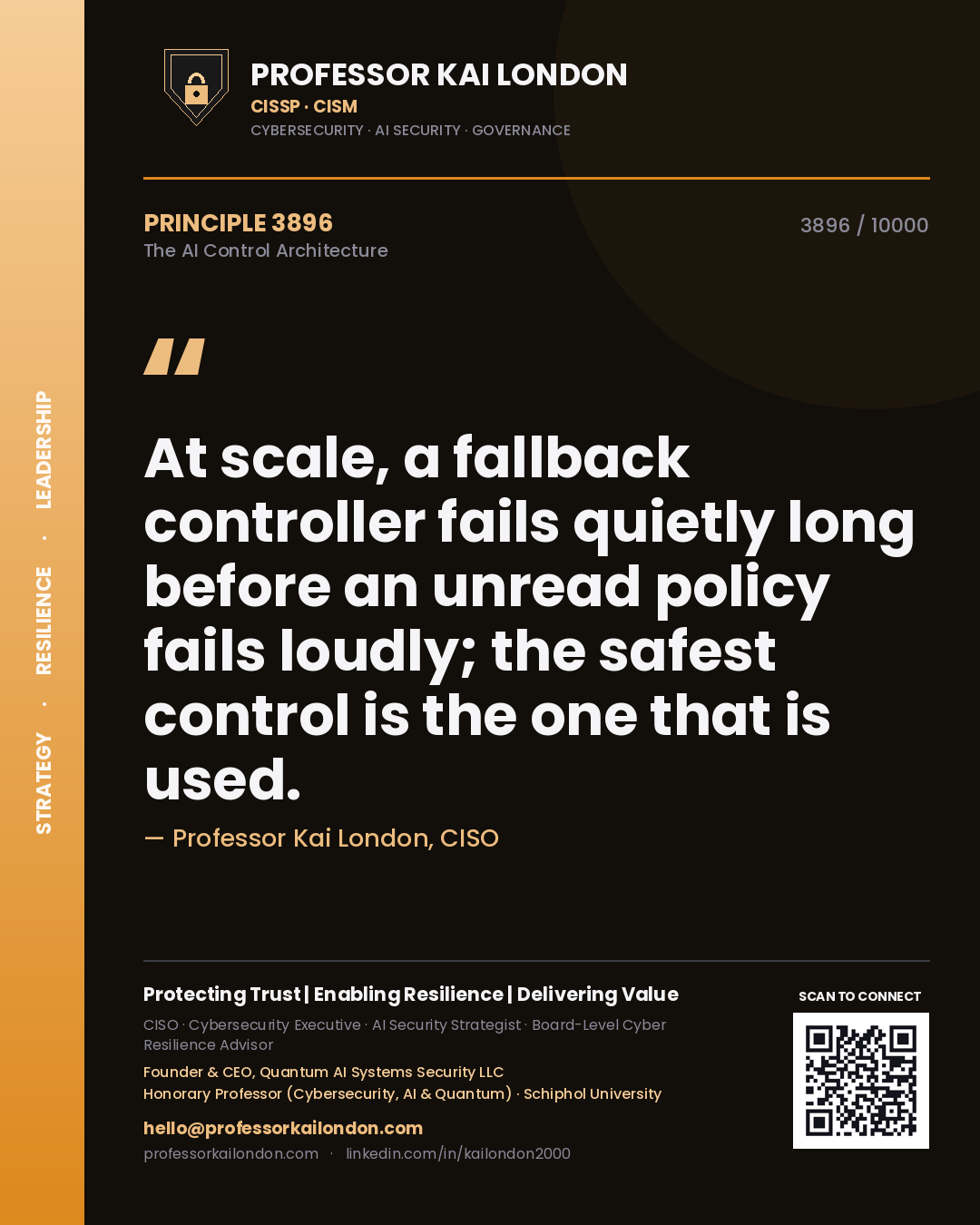 Quote card by Professor Kai London reading 'At scale, a fallback controller fails quietly long before an unread policy fails loudly; the safest control is the one that is used.'. From the book The AI Control Architecture.