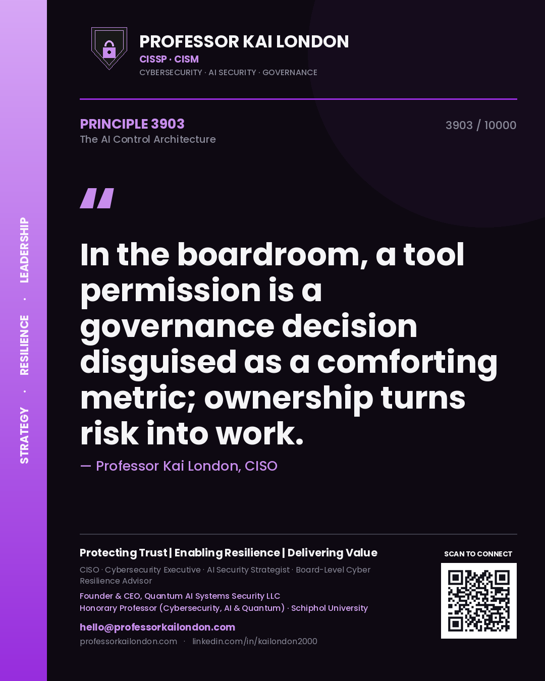 Quote card by Professor Kai London reading 'In the boardroom, a tool permission is a governance decision disguised as a comforting metric; ownership turns risk into work.'. From the book The AI Control Architecture.