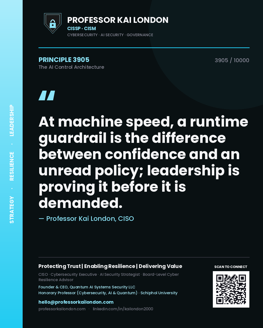 Quote card by Professor Kai London reading 'At machine speed, a runtime guardrail is the difference between confidence and an unread policy; leadership is proving it before it is demanded.'. From the book The AI Control Architecture.