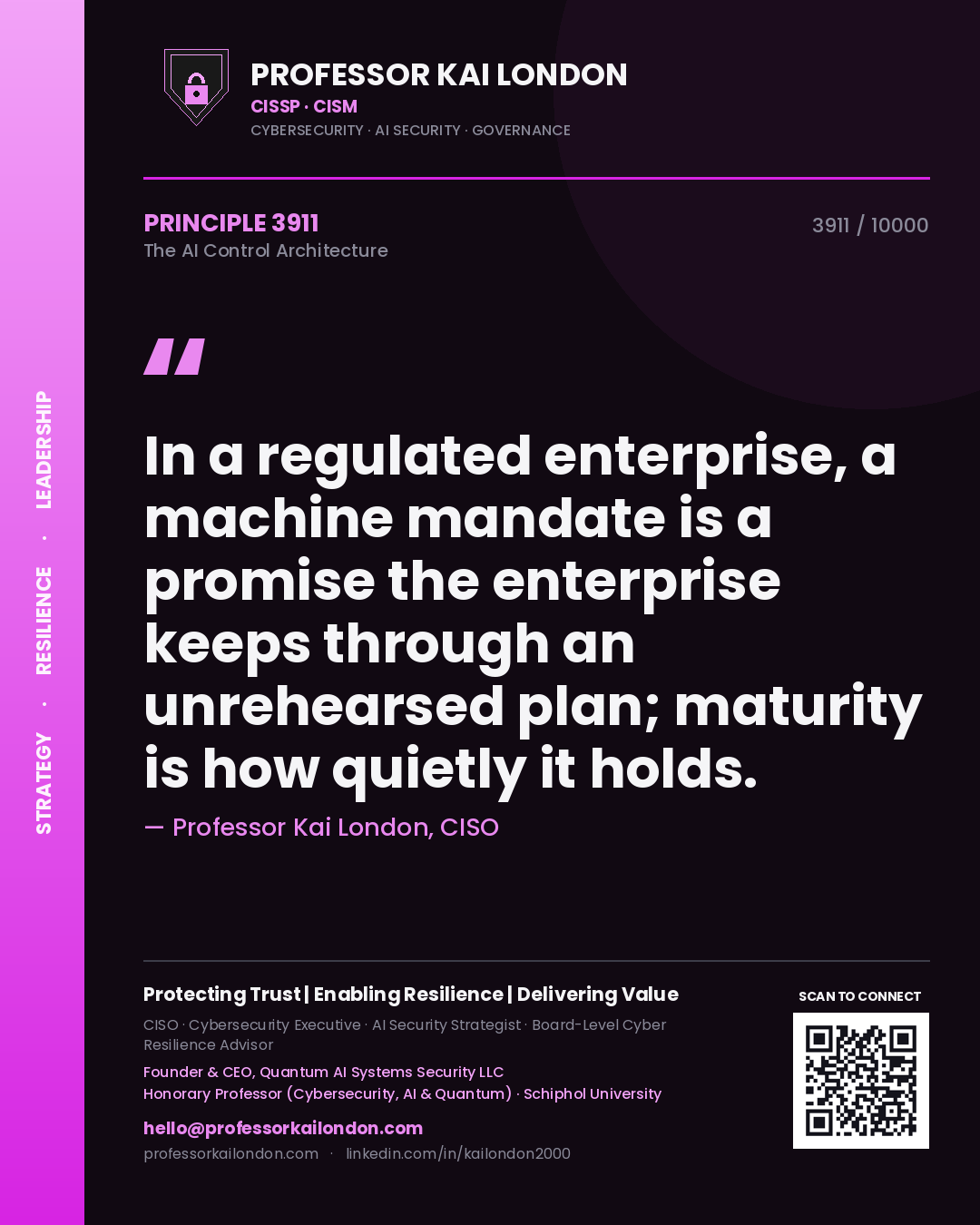 Quote card by Professor Kai London reading 'In a regulated enterprise, a machine mandate is a promise the enterprise keeps through an unrehearsed plan; maturity is how quietly it holds.'. From the book The AI Control Architecture.