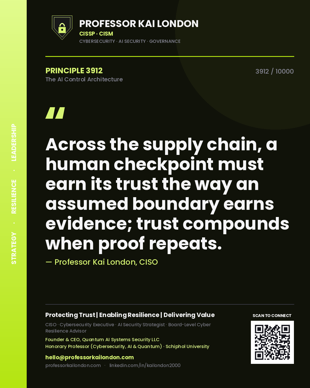 Professor Kai London principle 3912: Across the supply chain, a human checkpoint must earn its trust the way an assumed boundary earns evidence; trust compounds when proof repeats.