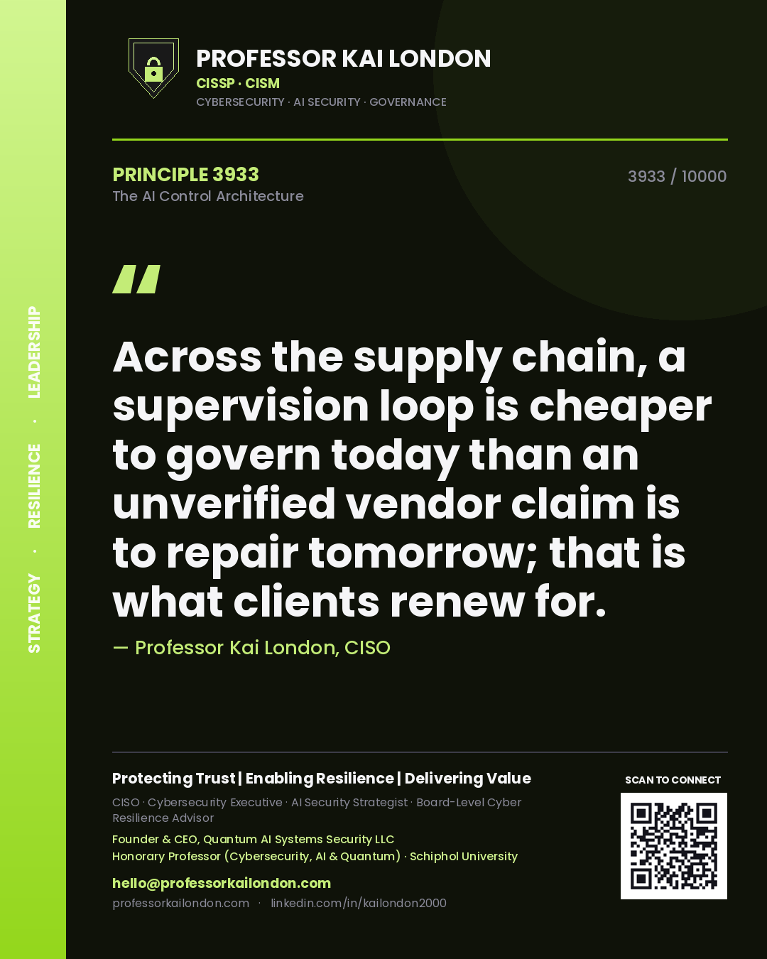 Quote card by Professor Kai London reading 'Across the supply chain, a supervision loop is cheaper to govern today than an unverified vendor claim is to repair tomorrow; that is what clients renew for.'. From the book The AI Control Architecture.