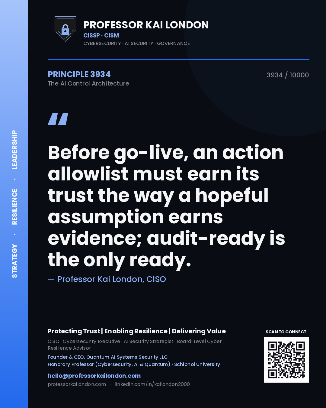 Quote card by Professor Kai London reading 'Before go-live, an action allowlist must earn its trust the way a hopeful assumption earns evidence; audit-ready is the only ready.'. From the book The AI Control Architecture.