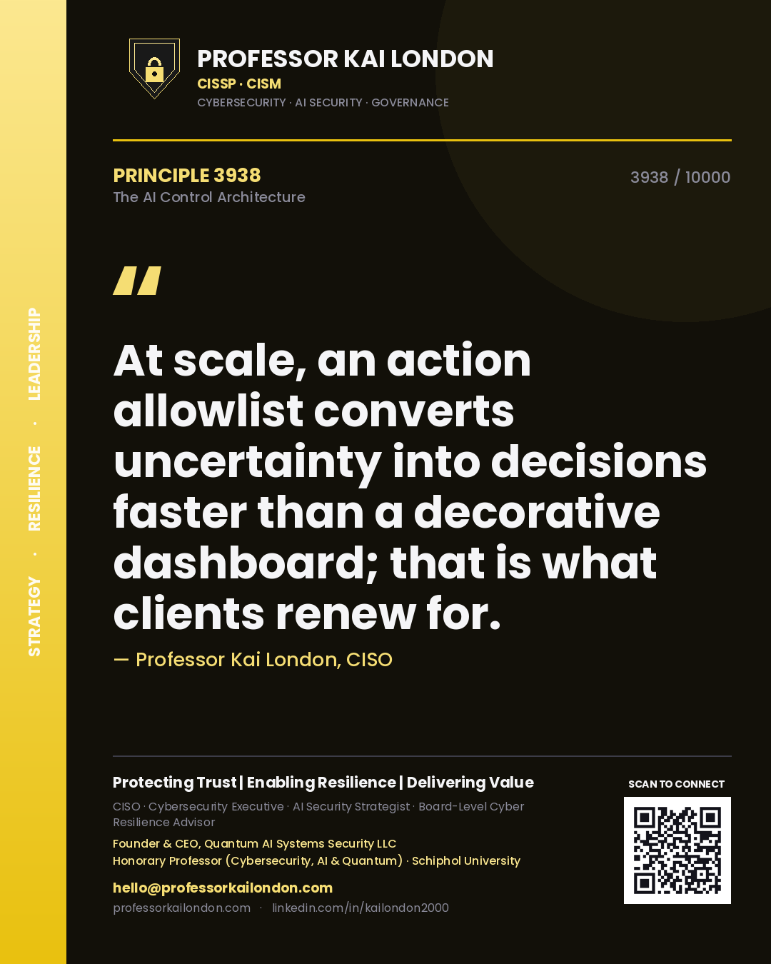 Quote card by Professor Kai London reading 'At scale, an action allowlist converts uncertainty into decisions faster than a decorative dashboard; that is what clients renew for.'. From the book The AI Control Architecture.