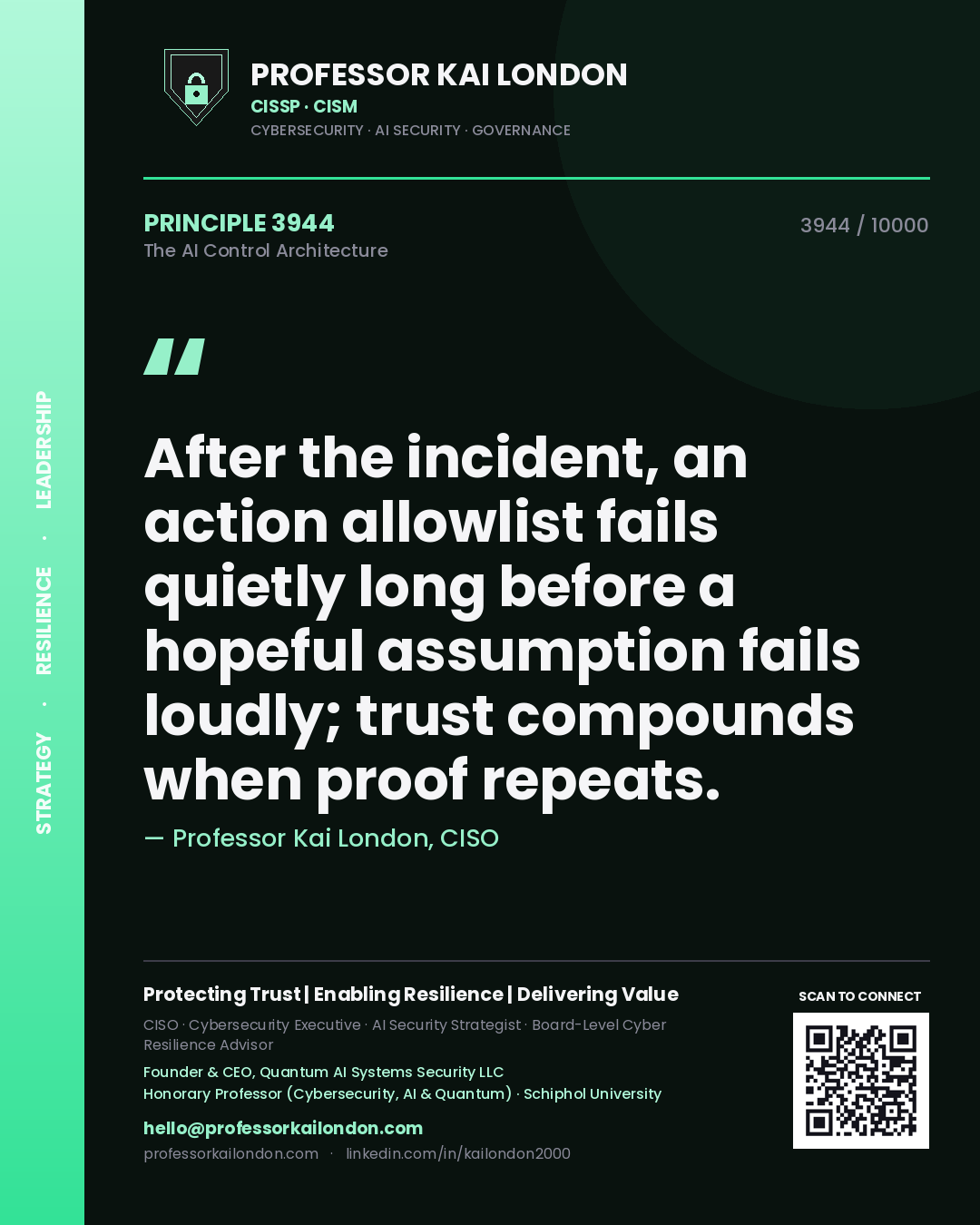 Quote card by Professor Kai London reading 'After the incident, an action allowlist fails quietly long before a hopeful assumption fails loudly; trust compounds when proof repeats.'. From the book The AI Control Architecture.
