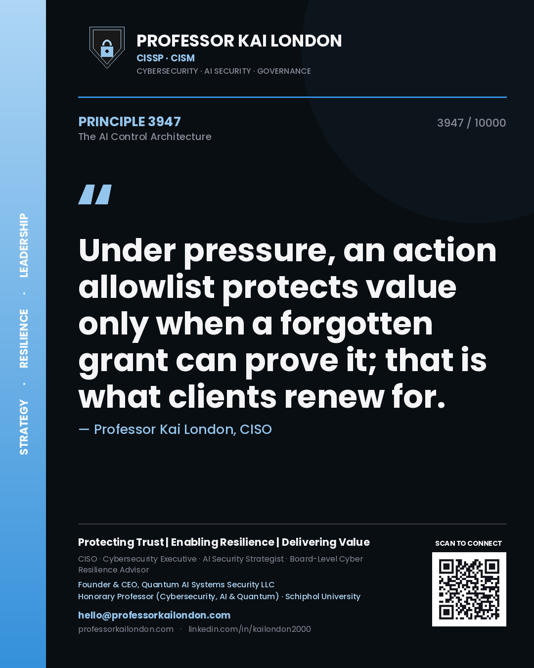Quote card by Professor Kai London reading 'Under pressure, an action allowlist protects value only when a forgotten grant can prove it; that is what clients renew for.'. From the book The AI Control Architecture.
