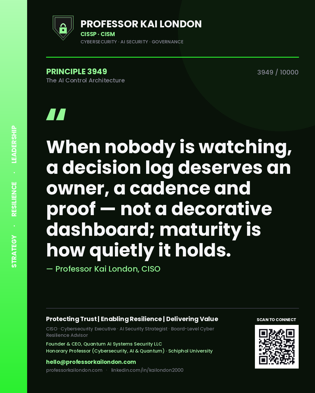 Professor Kai London principle 3949: When nobody is watching, a decision log deserves an owner, a cadence and proof — not a decorative dashboard; maturity is how quietly it holds.