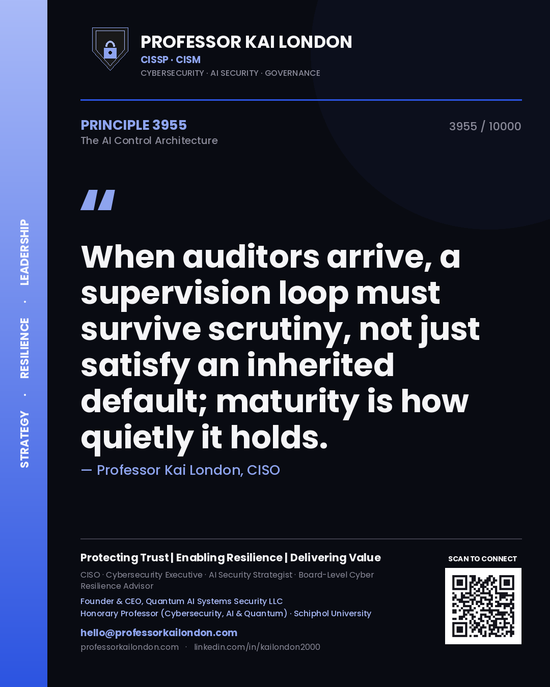 Quote card by Professor Kai London reading 'When auditors arrive, a supervision loop must survive scrutiny, not just satisfy an inherited default; maturity is how quietly it holds.'. From the book The AI Control Architecture.
