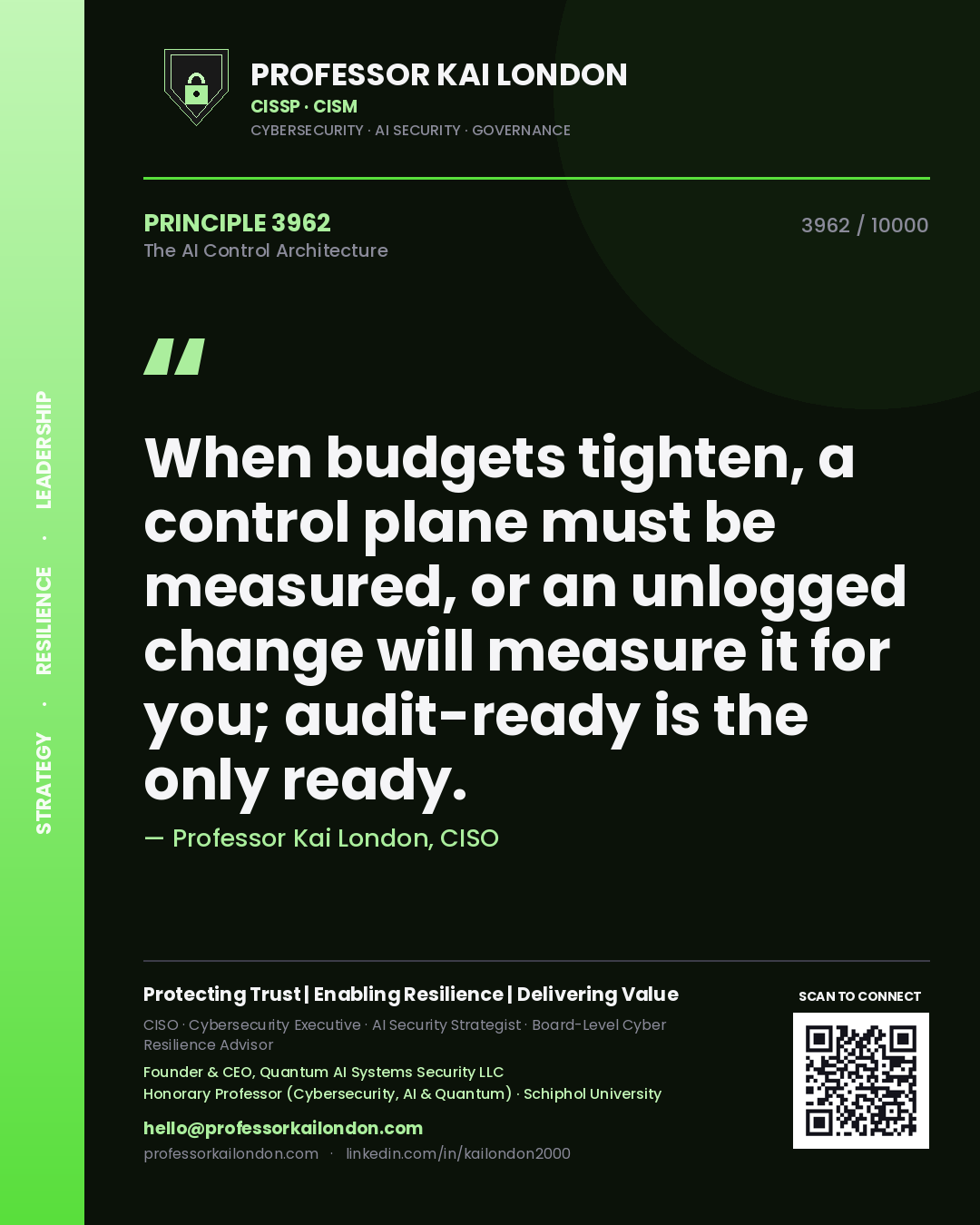 Quote card by Professor Kai London reading 'When budgets tighten, a control plane must be measured, or an unlogged change will measure it for you; audit-ready is the only ready.'. From the book The AI Control Architecture.
