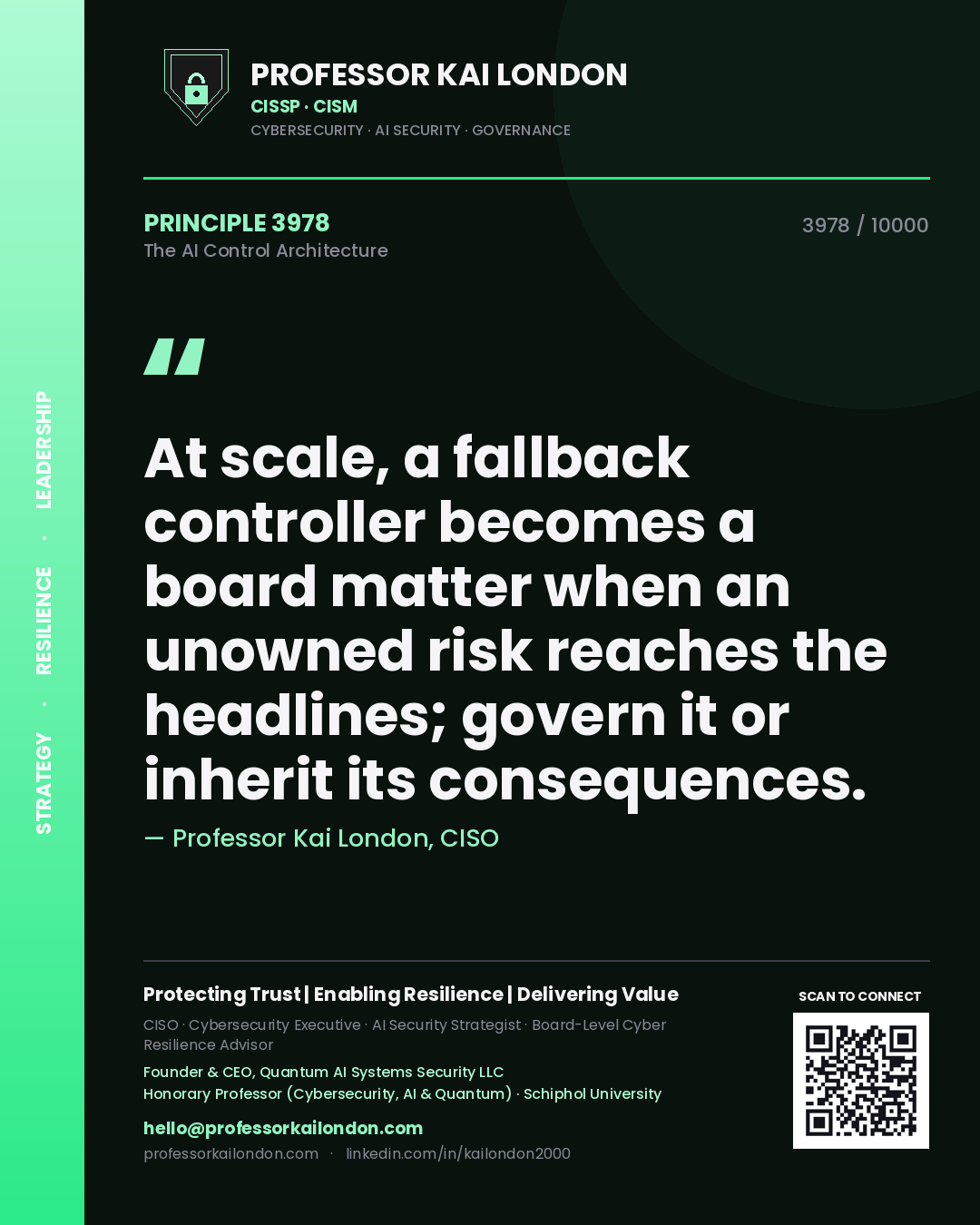 Quote card by Professor Kai London reading 'At scale, a fallback controller becomes a board matter when an unowned risk reaches the headlines; govern it or inherit its consequences.'. From the book The AI Control Architecture.
