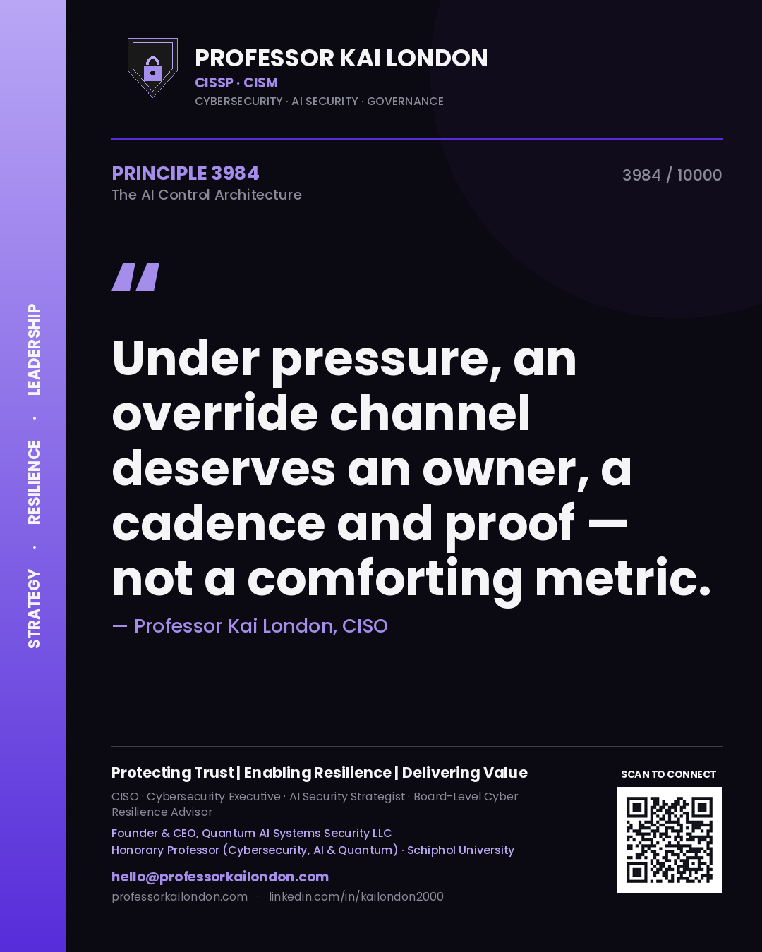 Quote card by Professor Kai London reading 'Under pressure, an override channel deserves an owner, a cadence and proof — not a comforting metric.'. From the book The AI Control Architecture.