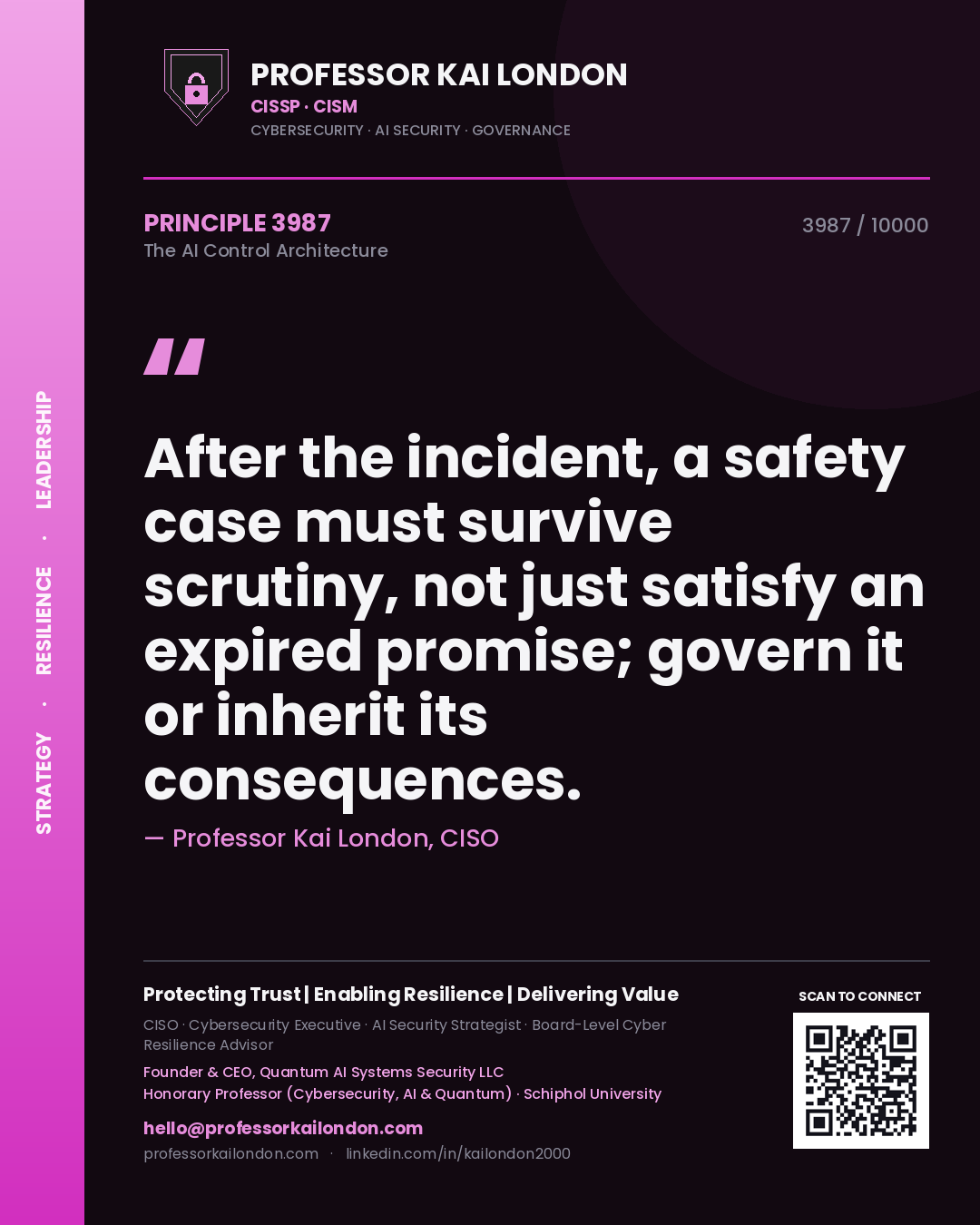 Quote card by Professor Kai London reading 'After the incident, a safety case must survive scrutiny, not just satisfy an expired promise; govern it or inherit its consequences.'. From the book The AI Control Architecture.