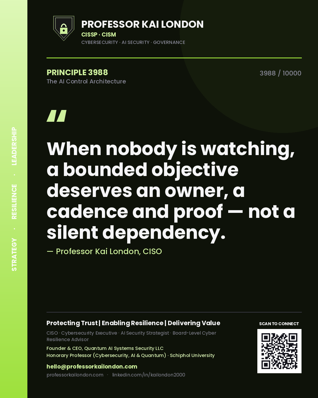 Quote card by Professor Kai London reading 'When nobody is watching, a bounded objective deserves an owner, a cadence and proof — not a silent dependency.'. From the book The AI Control Architecture.