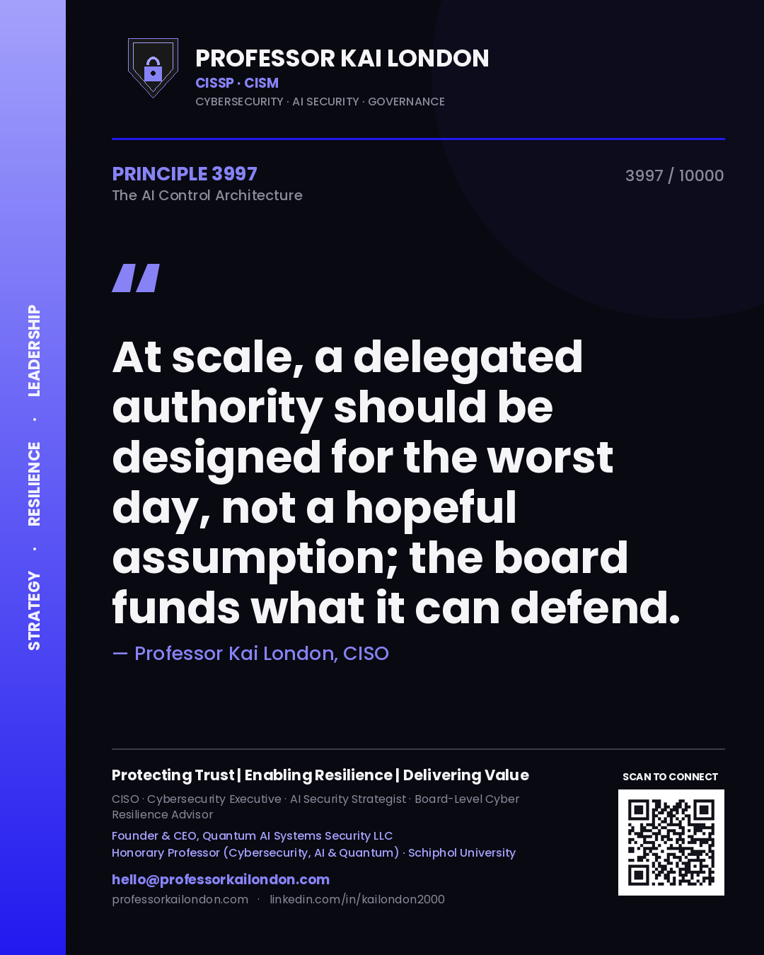 Professor Kai London principle 3997: At scale, a delegated authority should be designed for the worst day, not a hopeful assumption; the board funds what it can defend.