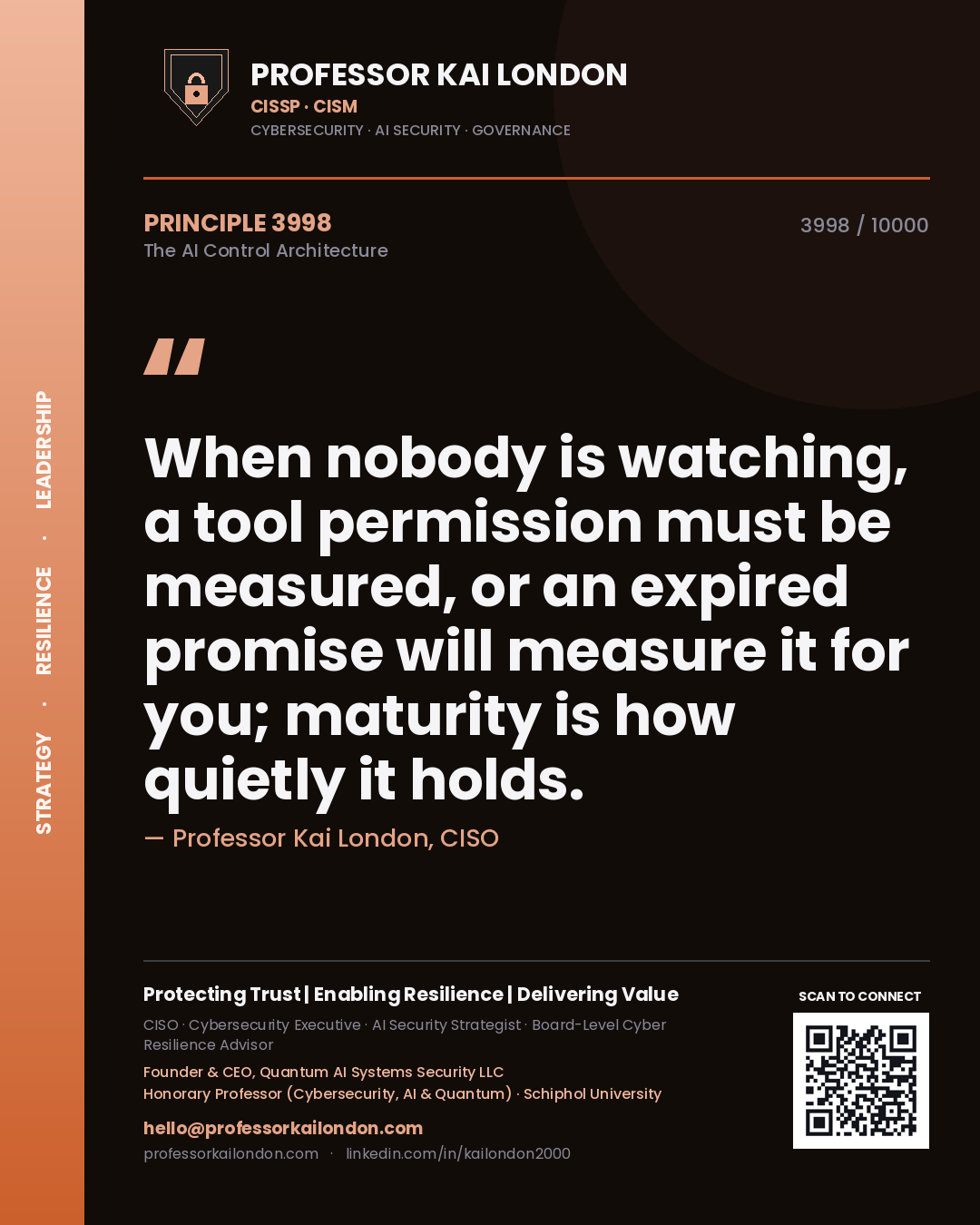 Quote card by Professor Kai London reading 'When nobody is watching, a tool permission must be measured, or an expired promise will measure it for you; maturity is how quietly it holds.'. From the book The AI Control Architecture.