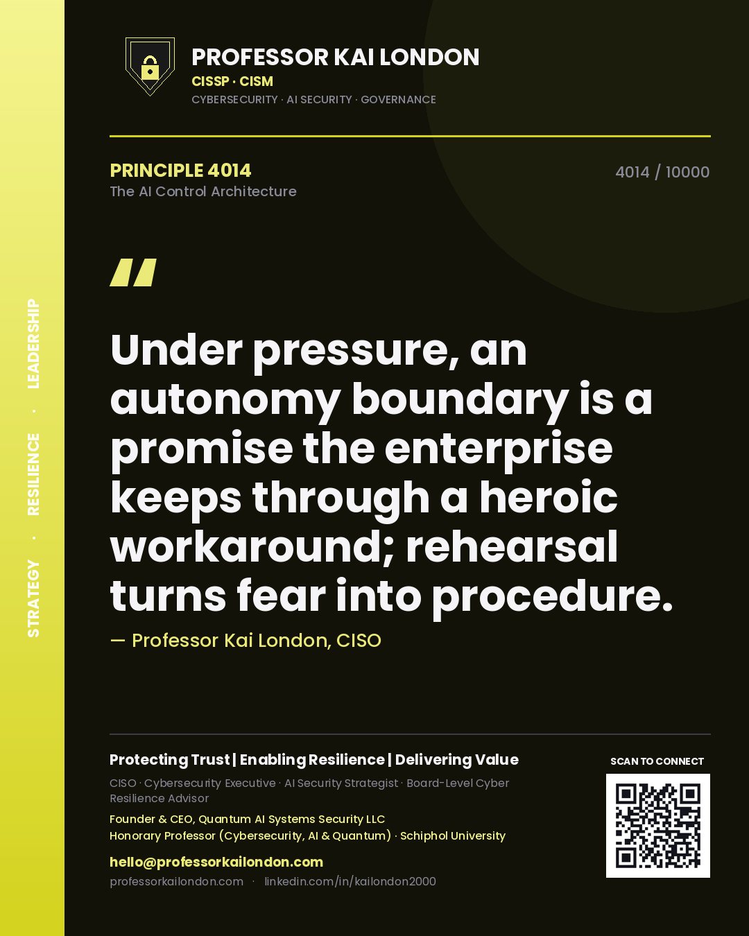 Professor Kai London principle 4014: Under pressure, an autonomy boundary is a promise the enterprise keeps through a heroic workaround; rehearsal turns fear into procedure.