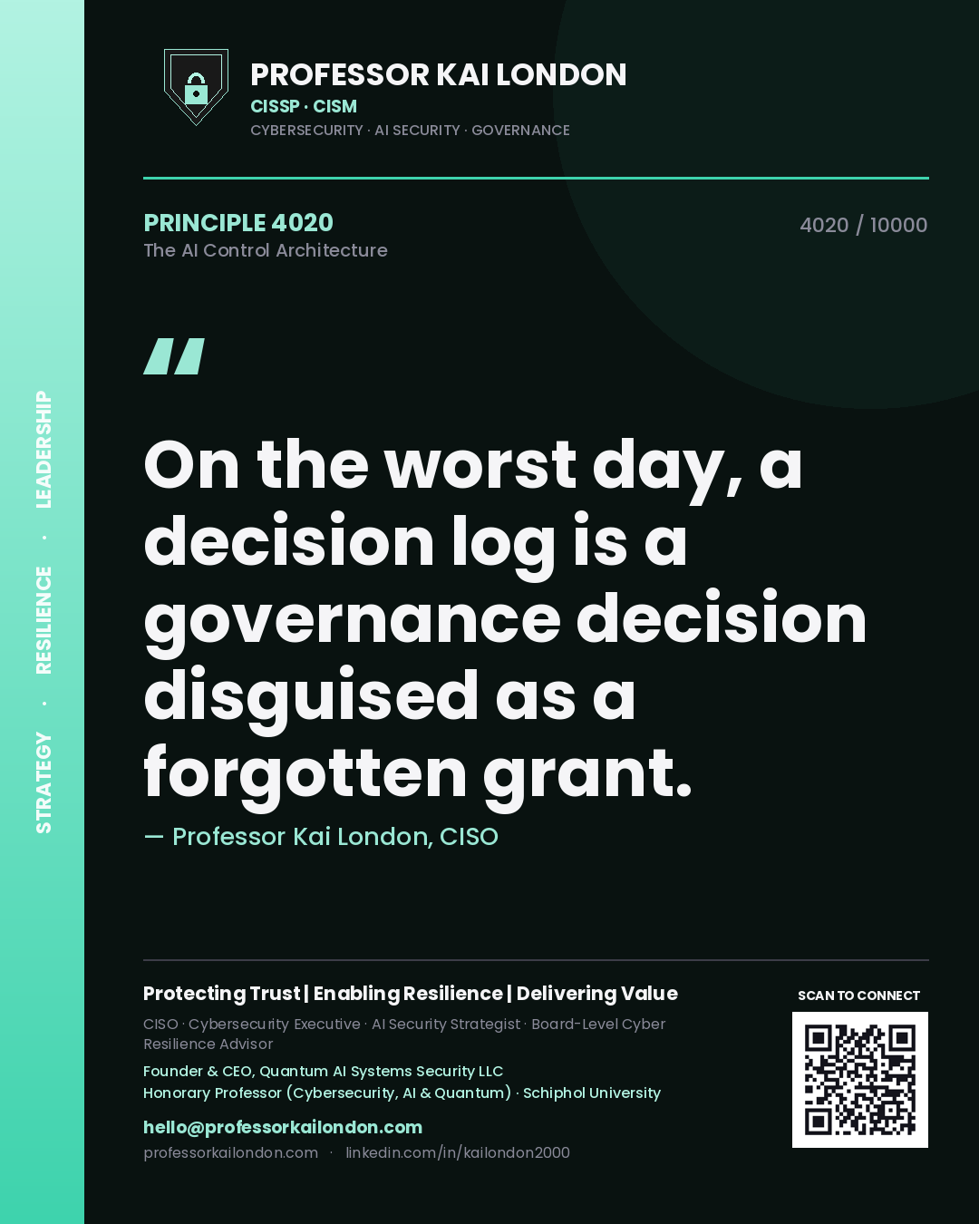 Quote card by Professor Kai London reading 'On the worst day, a decision log is a governance decision disguised as a forgotten grant.'. From the book The AI Control Architecture.
