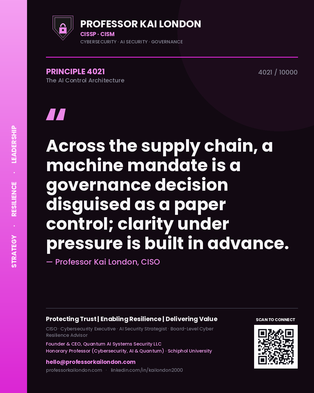 Professor Kai London principle 4021: Across the supply chain, a machine mandate is a governance decision disguised as a paper control; clarity under pressure is built in advance.