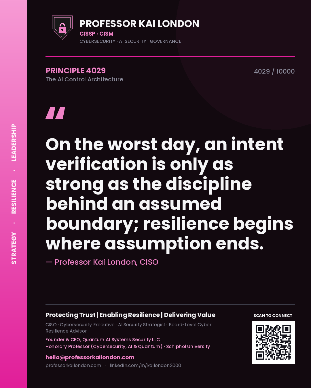 Quote card by Professor Kai London reading 'On the worst day, an intent verification is only as strong as the discipline behind an assumed boundary; resilience begins where assumption ends.'. From the book The AI Control Architecture.