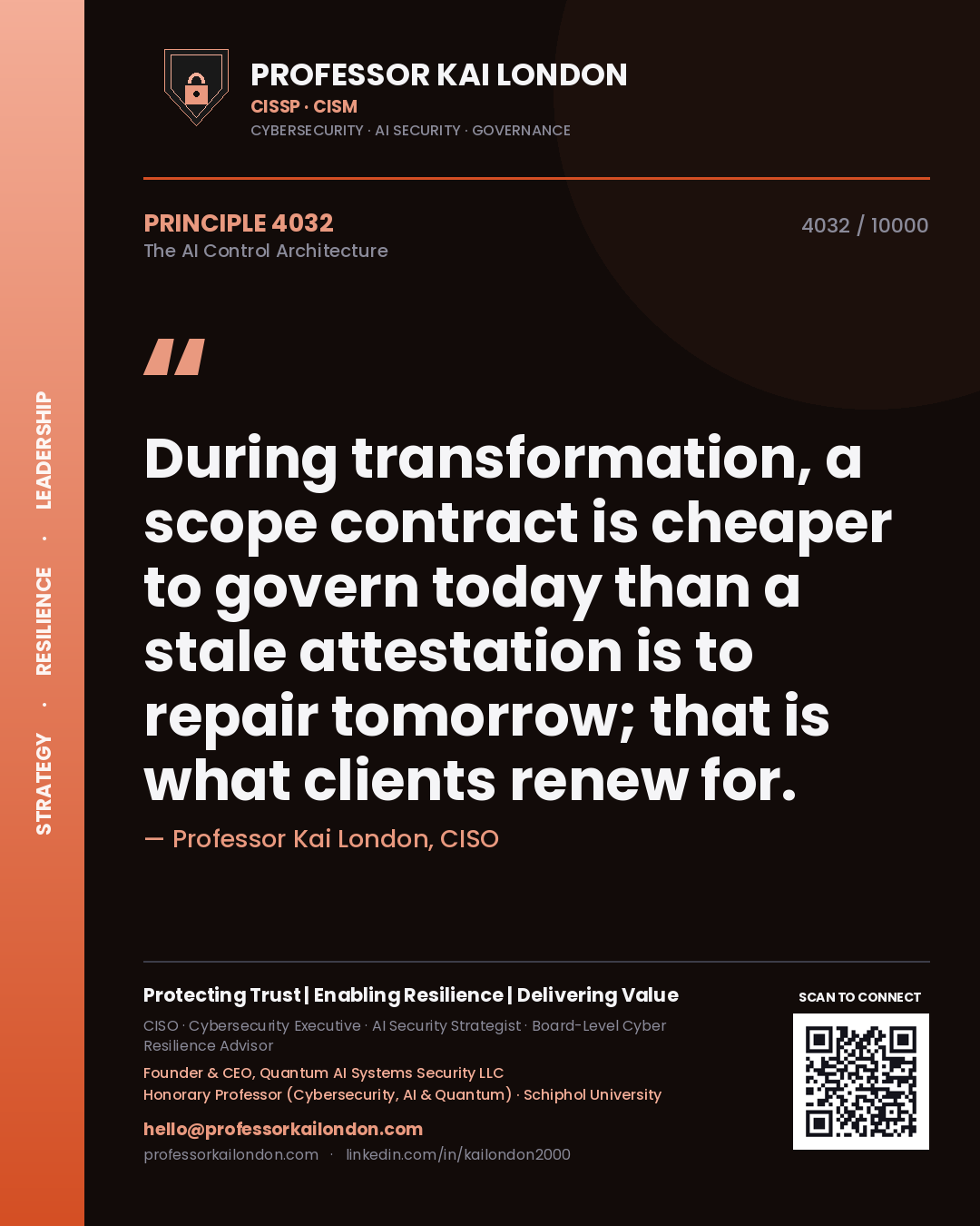 Quote card by Professor Kai London reading 'During transformation, a scope contract is cheaper to govern today than a stale attestation is to repair tomorrow; that is what clients renew for.'. From the book The AI Control Architecture.