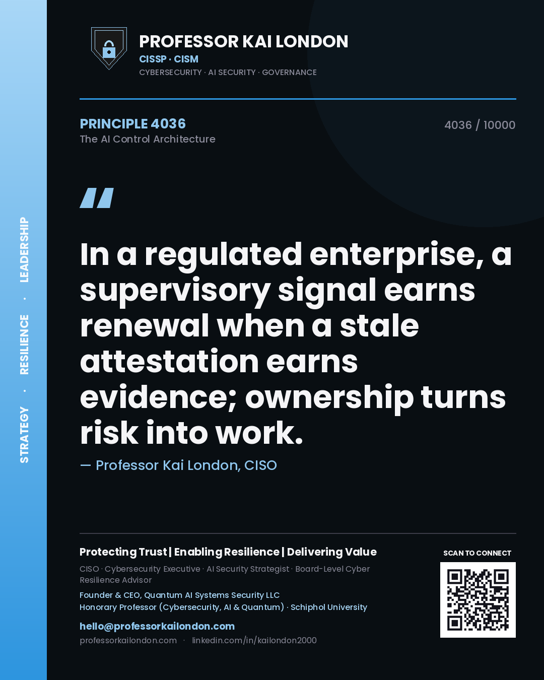 Quote card by Professor Kai London reading 'In a regulated enterprise, a supervisory signal earns renewal when a stale attestation earns evidence; ownership turns risk into work.'. From the book The AI Control Architecture.