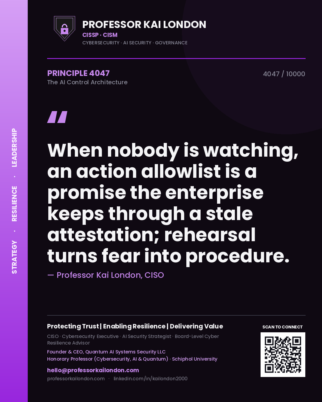 Quote card by Professor Kai London reading 'When nobody is watching, an action allowlist is a promise the enterprise keeps through a stale attestation; rehearsal turns fear into procedure.'. From the book The AI Control Architecture.