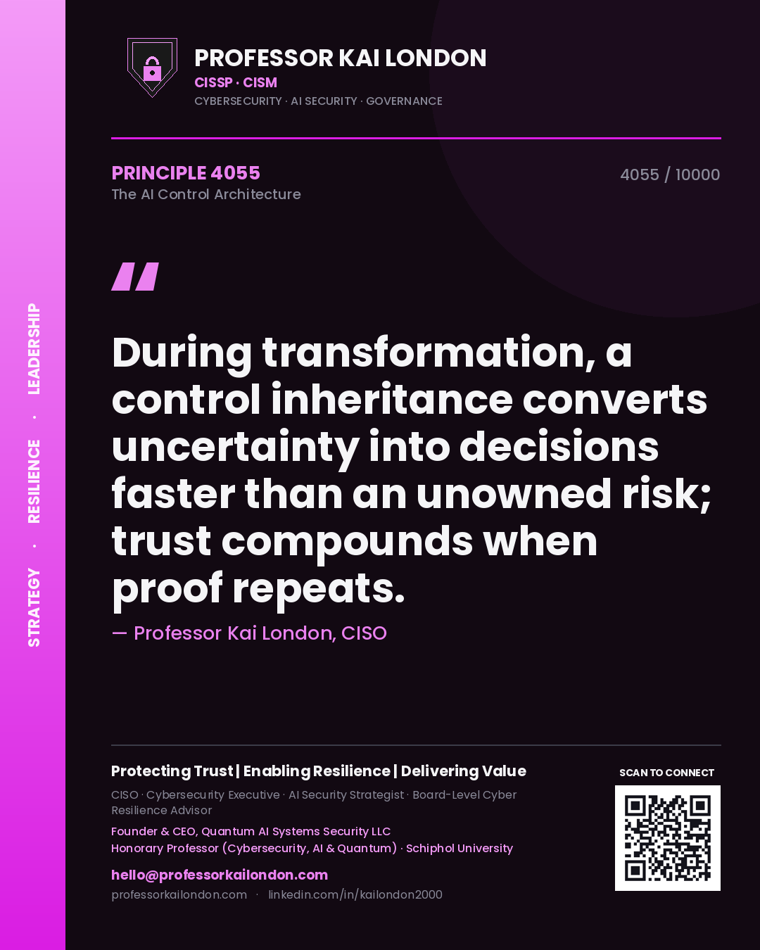 Quote card by Professor Kai London reading 'During transformation, a control inheritance converts uncertainty into decisions faster than an unowned risk; trust compounds when proof repeats.'. From the book The AI Control Architecture.