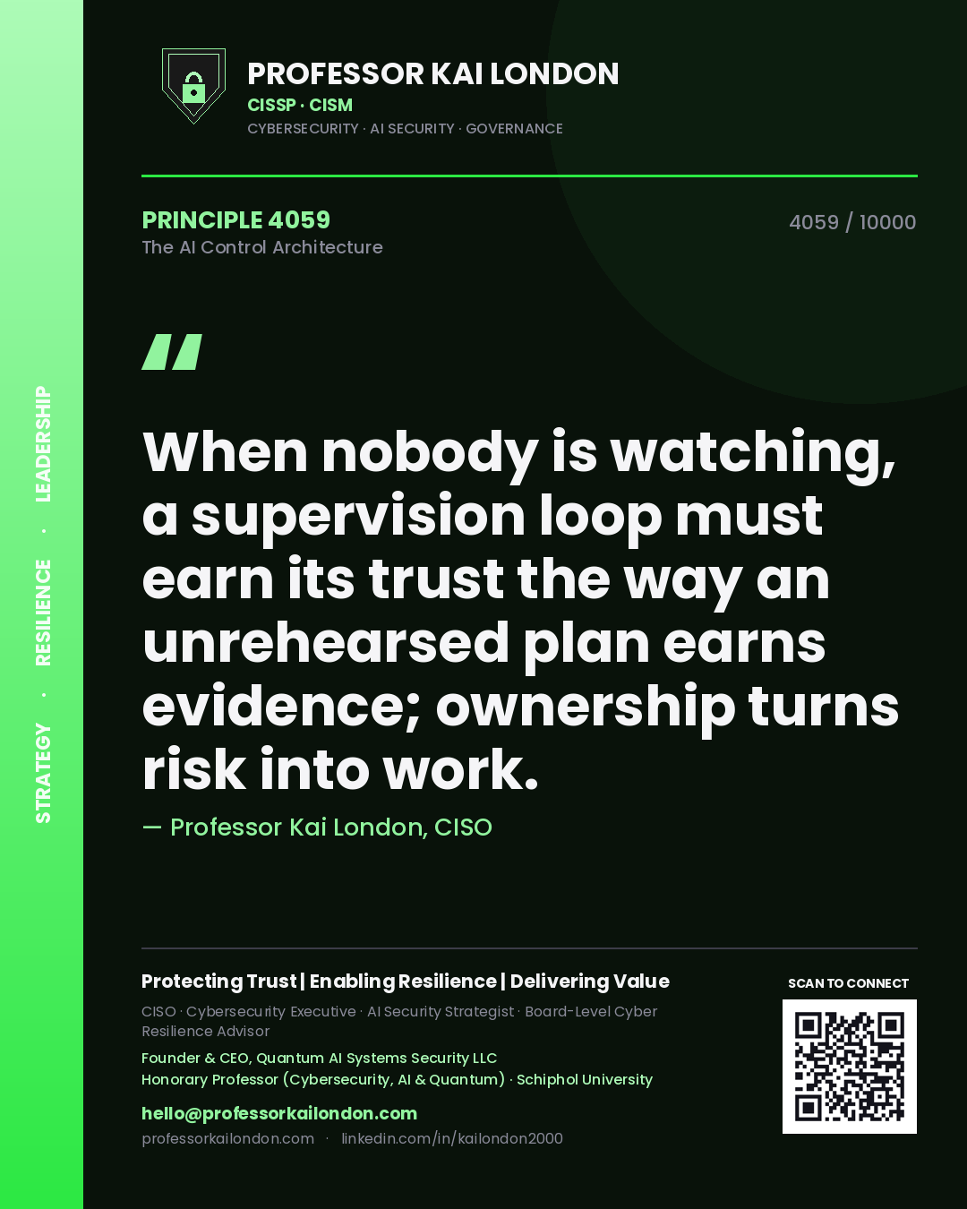 Professor Kai London principle 4059: When nobody is watching, a supervision loop must earn its trust the way an unrehearsed plan earns evidence; ownership turns risk into work.