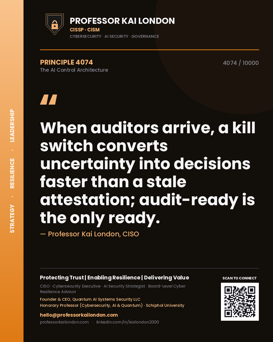 Quote card by Professor Kai London reading 'When auditors arrive, a kill switch converts uncertainty into decisions faster than a stale attestation; audit-ready is the only ready.'. From the book The AI Control Architecture.