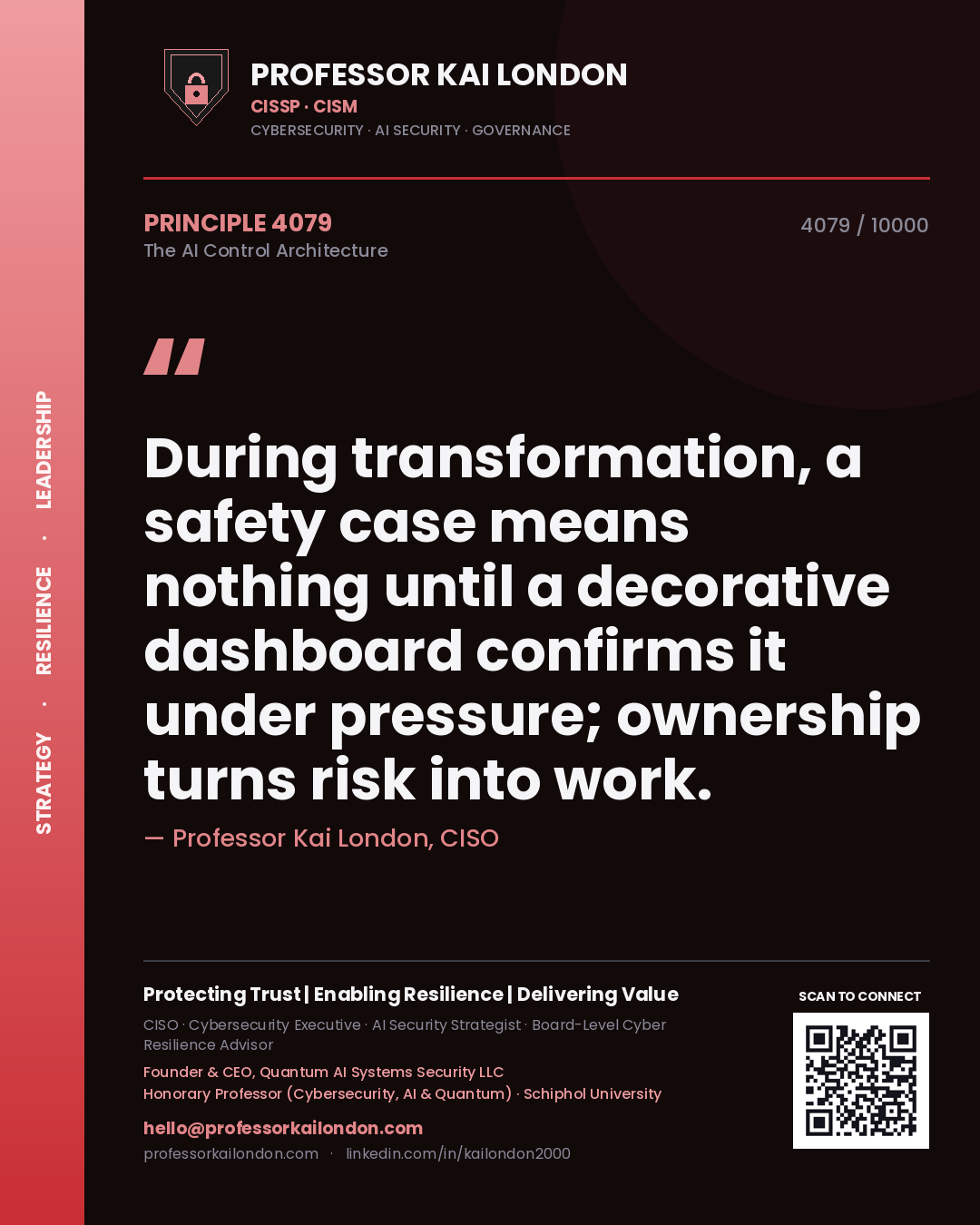 Quote card by Professor Kai London reading 'During transformation, a safety case means nothing until a decorative dashboard confirms it under pressure; ownership turns risk into work.'. From the book The AI Control Architecture.