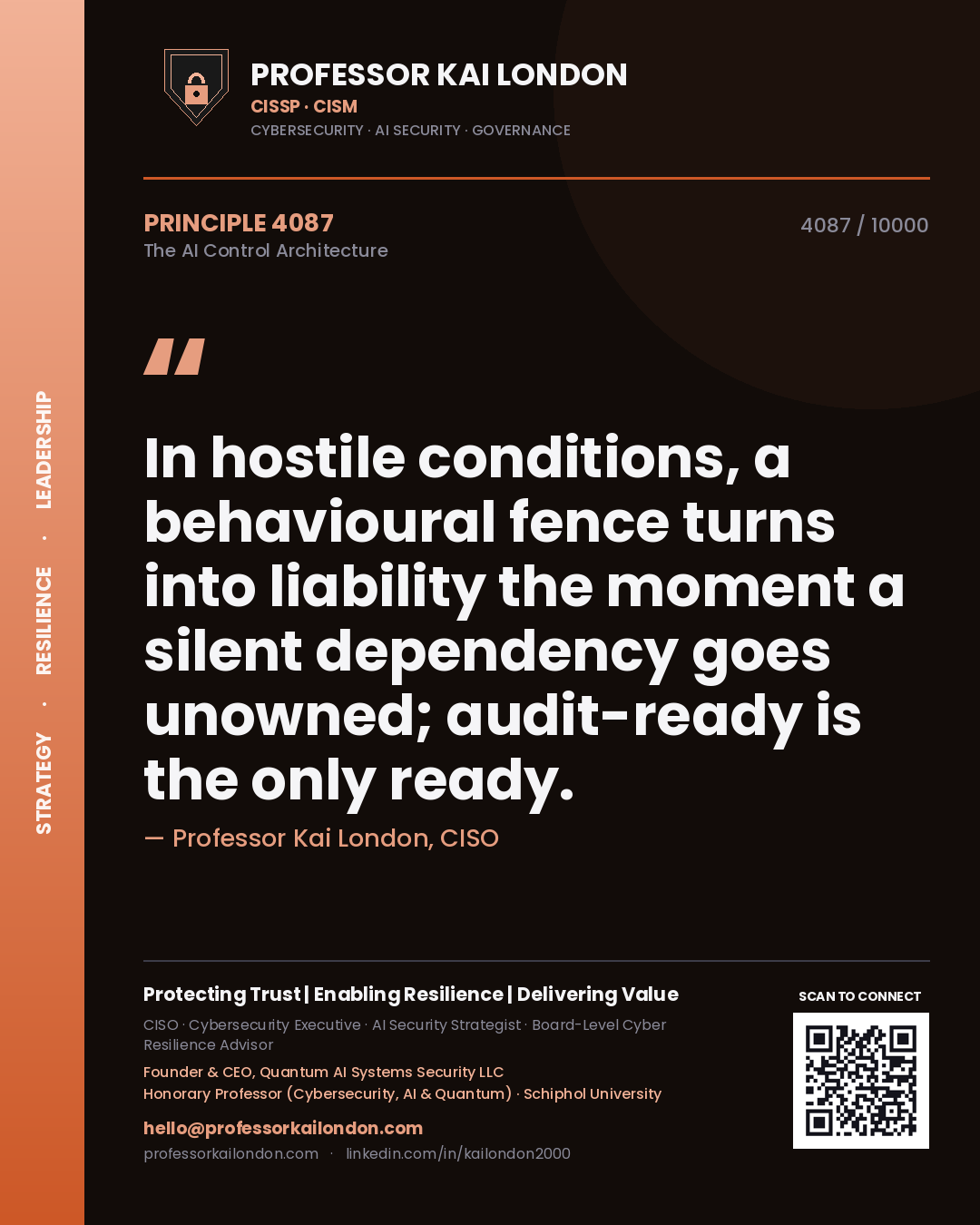 Professor Kai London principle 4087: In hostile conditions, a behavioural fence turns into liability the moment a silent dependency goes unowned; audit-ready is the only ready.