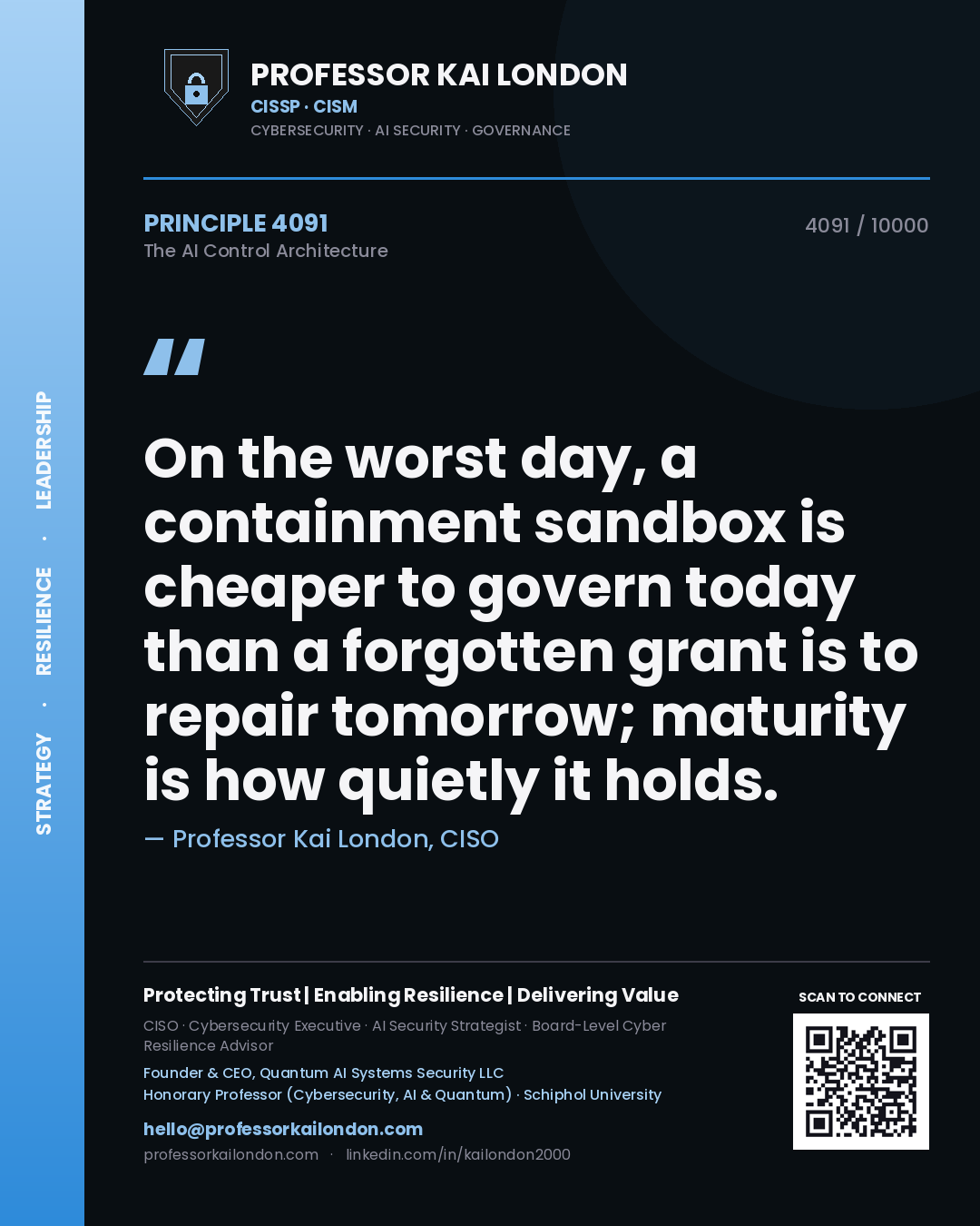 Quote card by Professor Kai London reading 'On the worst day, a containment sandbox is cheaper to govern today than a forgotten grant is to repair tomorrow; maturity is how quietly it holds.'. From the book The AI Control Architecture.