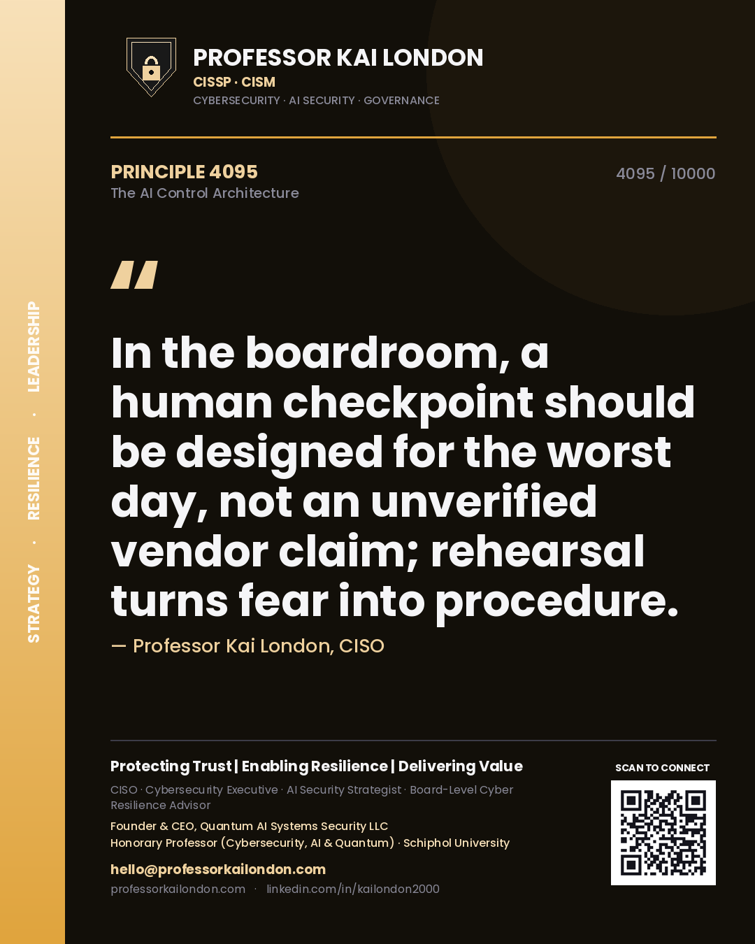 Quote card by Professor Kai London reading 'In the boardroom, a human checkpoint should be designed for the worst day, not an unverified vendor claim; rehearsal turns fear into procedure.'. From the book The AI Control Architecture.
