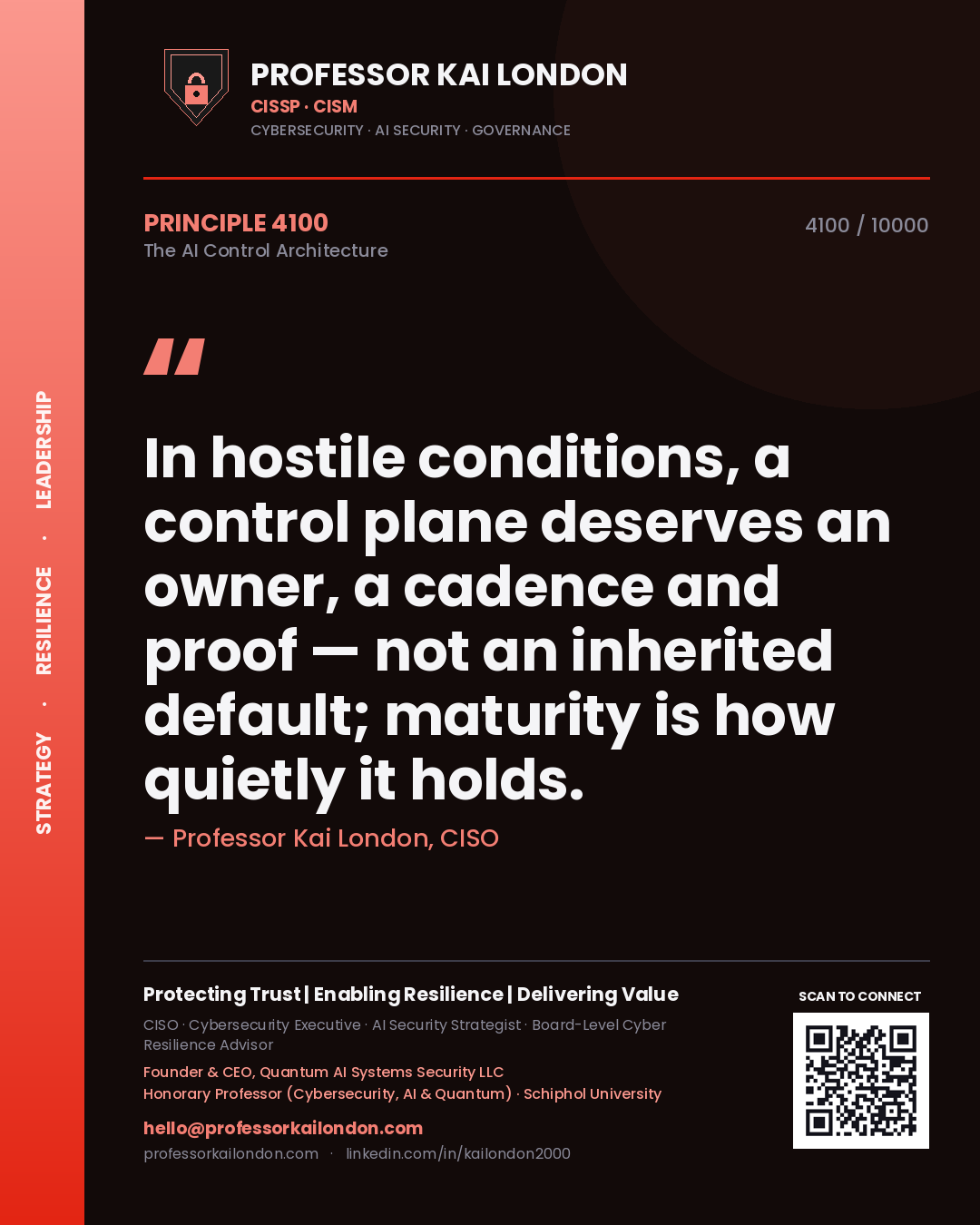 Professor Kai London principle 4100: In hostile conditions, a control plane deserves an owner, a cadence and proof — not an inherited default; maturity is how quietly it holds.