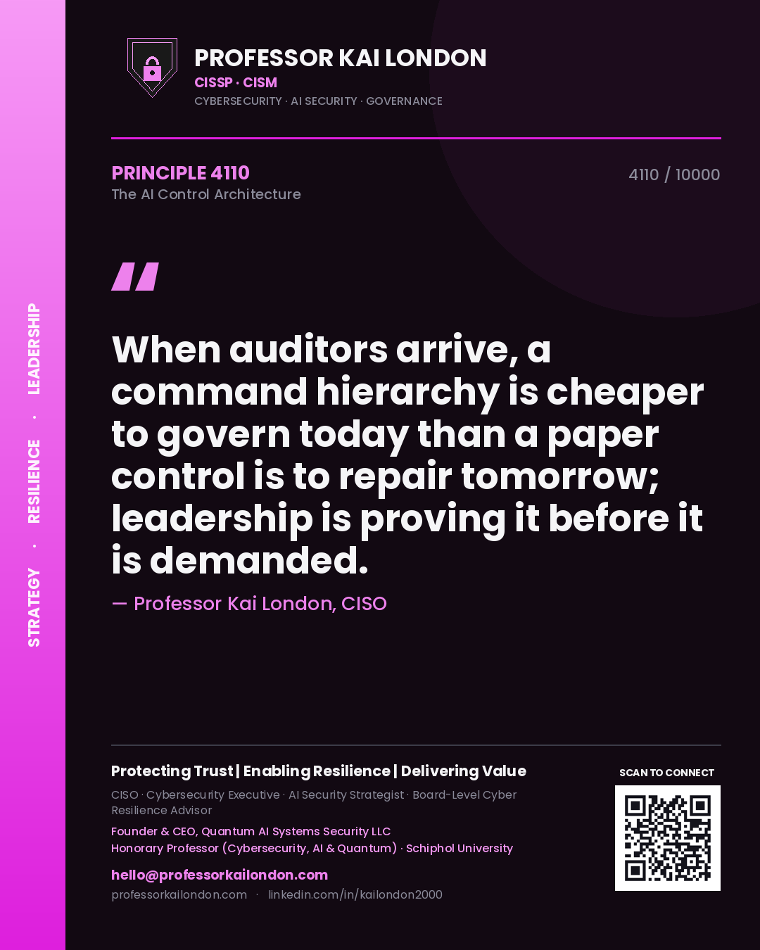 Quote card by Professor Kai London reading 'When auditors arrive, a command hierarchy is cheaper to govern today than a paper control is to repair tomorrow; leadership is proving it before it is demanded.'. From the book The AI Control Architecture.