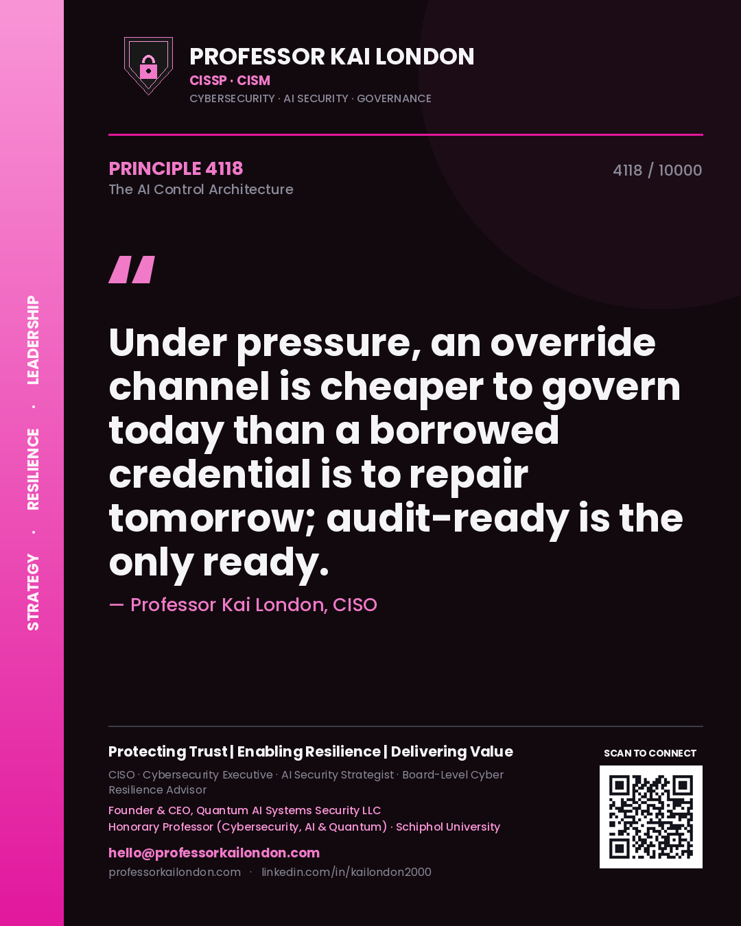 Quote card by Professor Kai London reading 'Under pressure, an override channel is cheaper to govern today than a borrowed credential is to repair tomorrow; audit-ready is the only ready.'. From the book The AI Control Architecture.