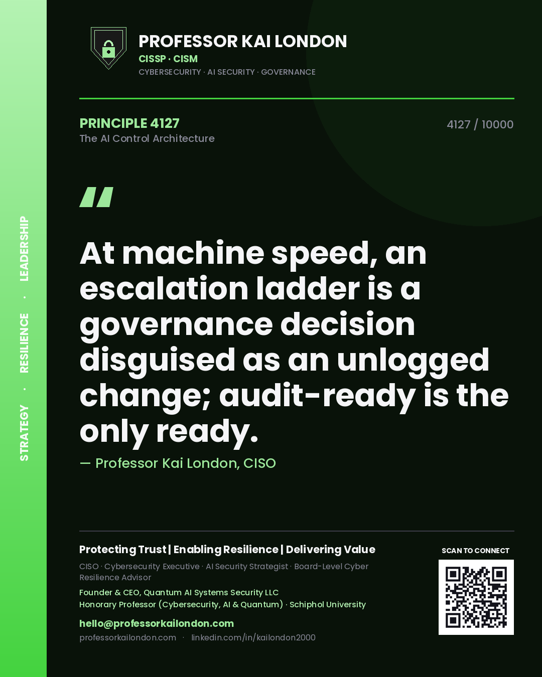 Professor Kai London principle 4127: At machine speed, an escalation ladder is a governance decision disguised as an unlogged change; audit-ready is the only ready.